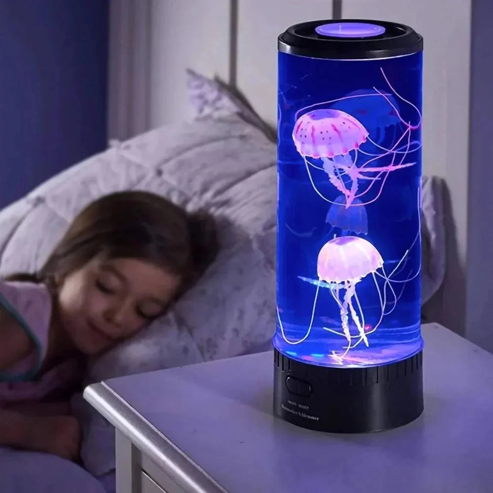 LED Jellyfish Lamp featuring a cylindrical transparent design with blue and purple hues, resembling an aquarium.