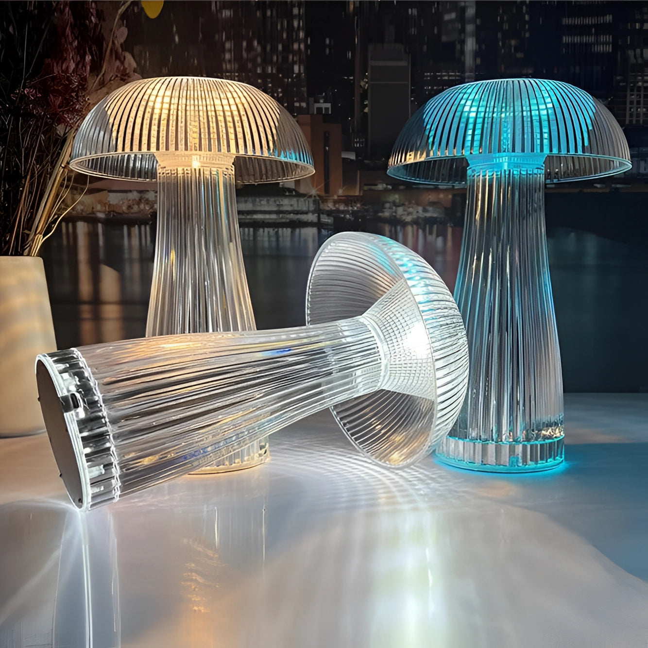 Modern LED mushroom-shaped table lamp with a decorative and energy-efficient design, featuring a sleek glass build.