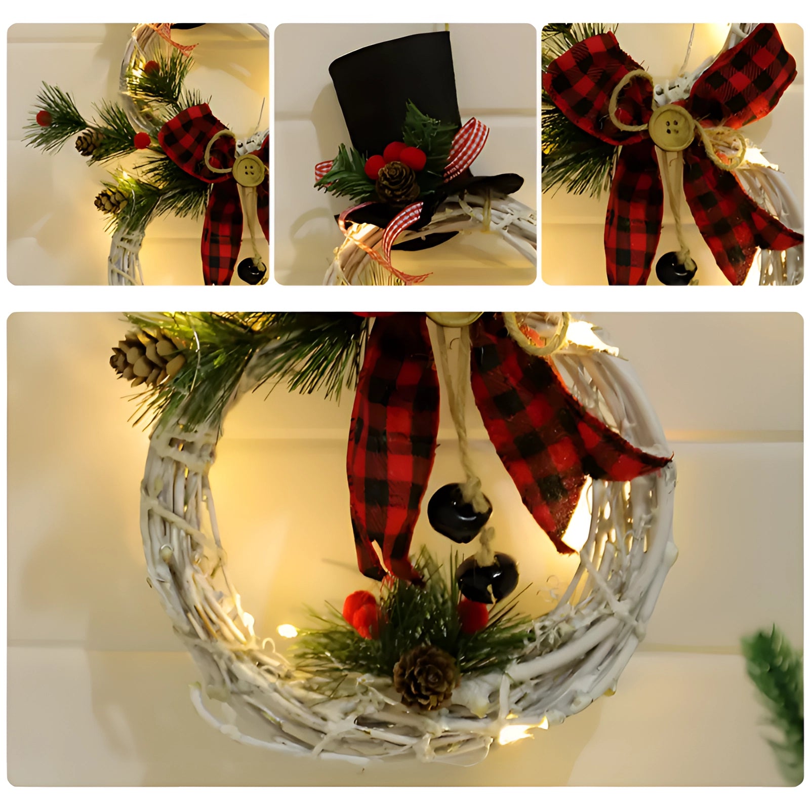 Rustic battery-operated Christmas wreath featuring a snowman with a plaid hat, surrounded by evergreen foliage and festive holiday ornaments.
