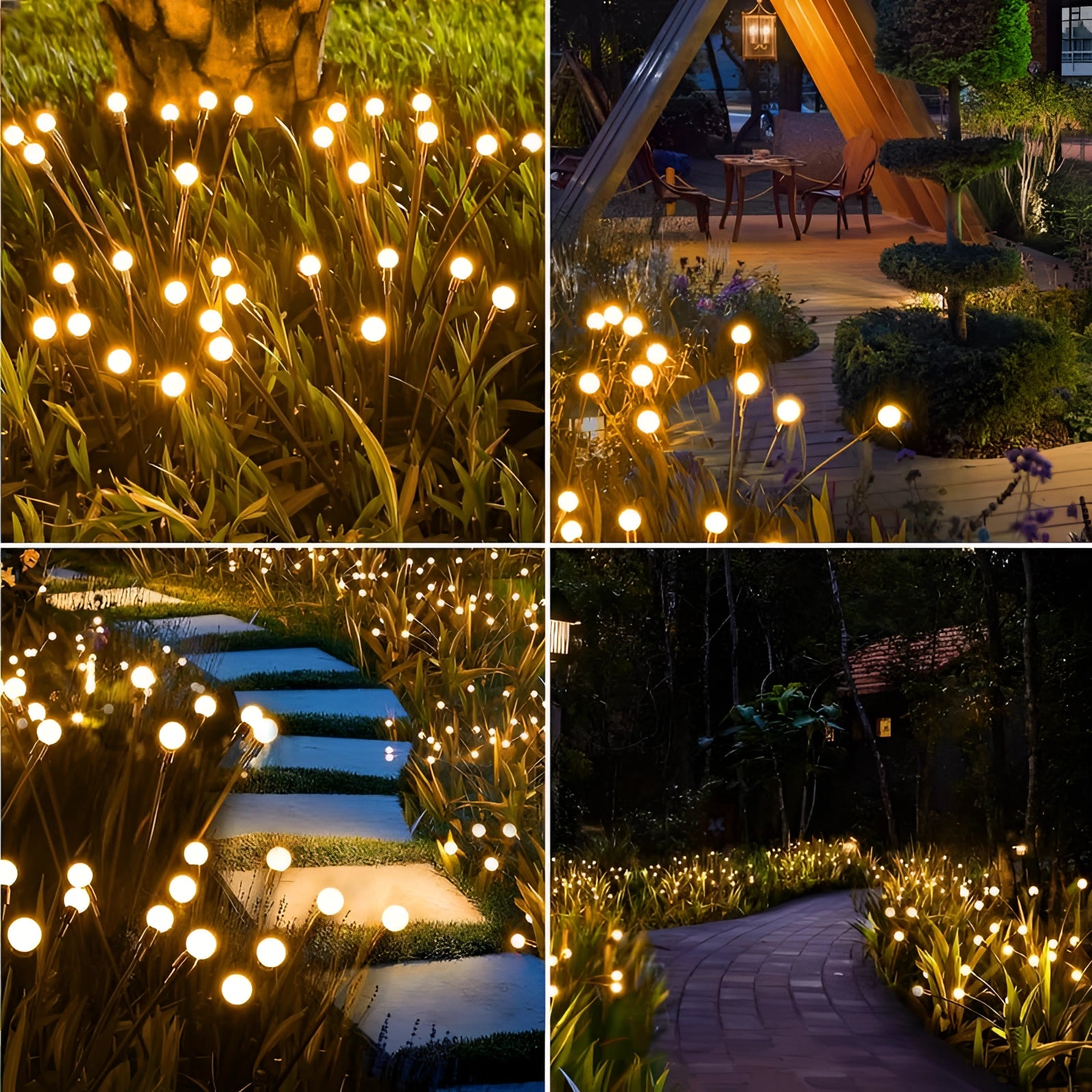 
A decorative LED solar stake light with a glowing yellow light, surrounded by plants and trees in a natural outdoor setting. The waterproof design allows it to blend seamlessly with garden vegetation while providing energy-efficient illumination.