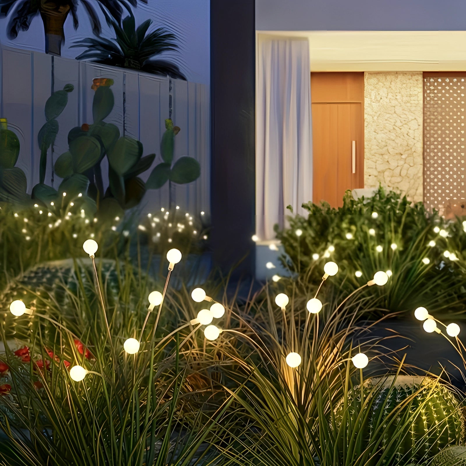 LED solar stake lights illuminating a garden area with plants and flowers, showcasing their decorative and energy-efficient design amidst greenery.