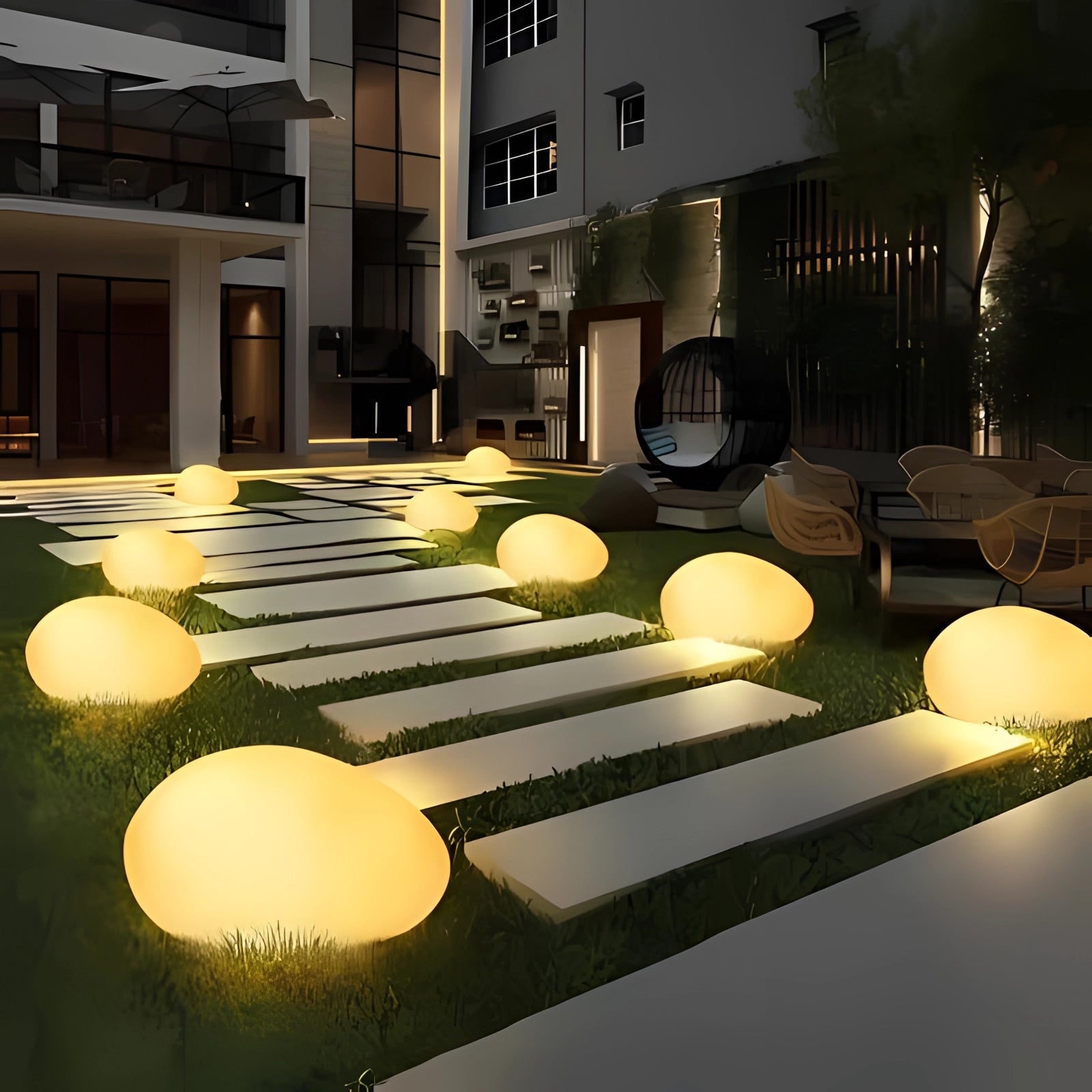 LED sphere garden lights displayed outdoors, showcasing their waterproof design. These globe lights are set on a paved surface, surrounded by architectural elements, enhancing outdoor decor with their sleek and modern design.