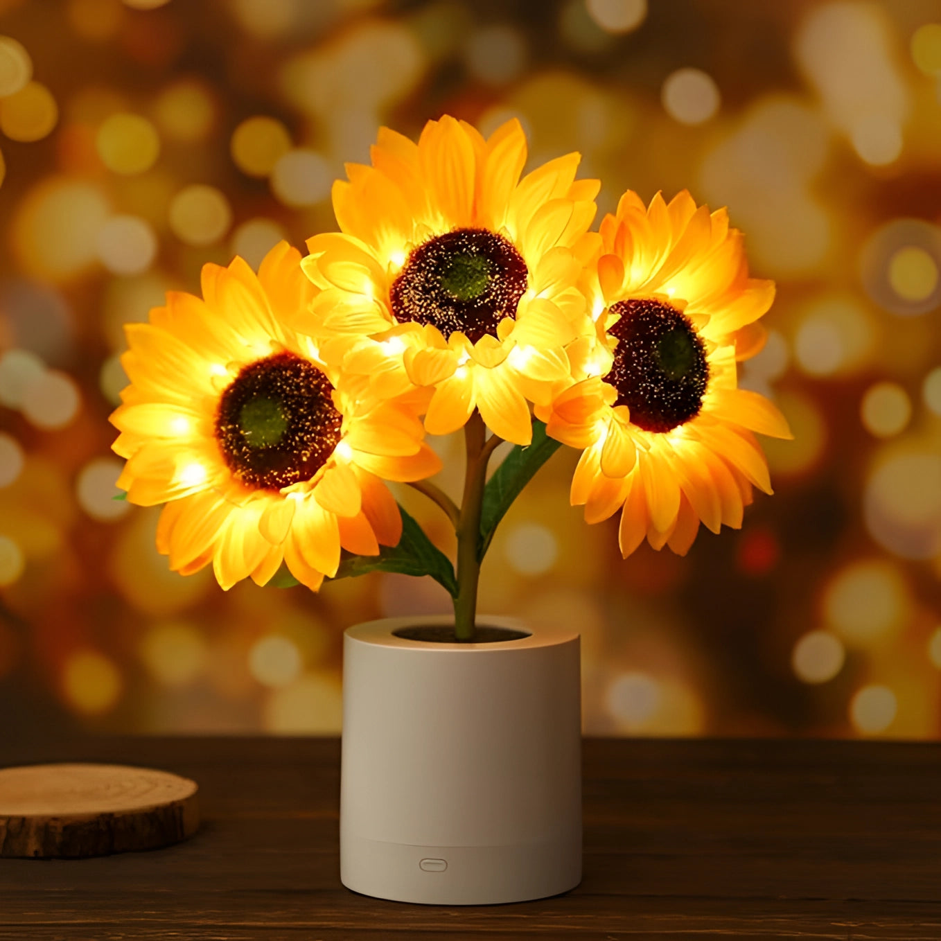 LED sunflower lamp featuring vibrant orange petals, designed as an artificial flower arrangement in a vase, ideal for home decor and night lighting. USB charging capability adds convenience for placement in various settings.