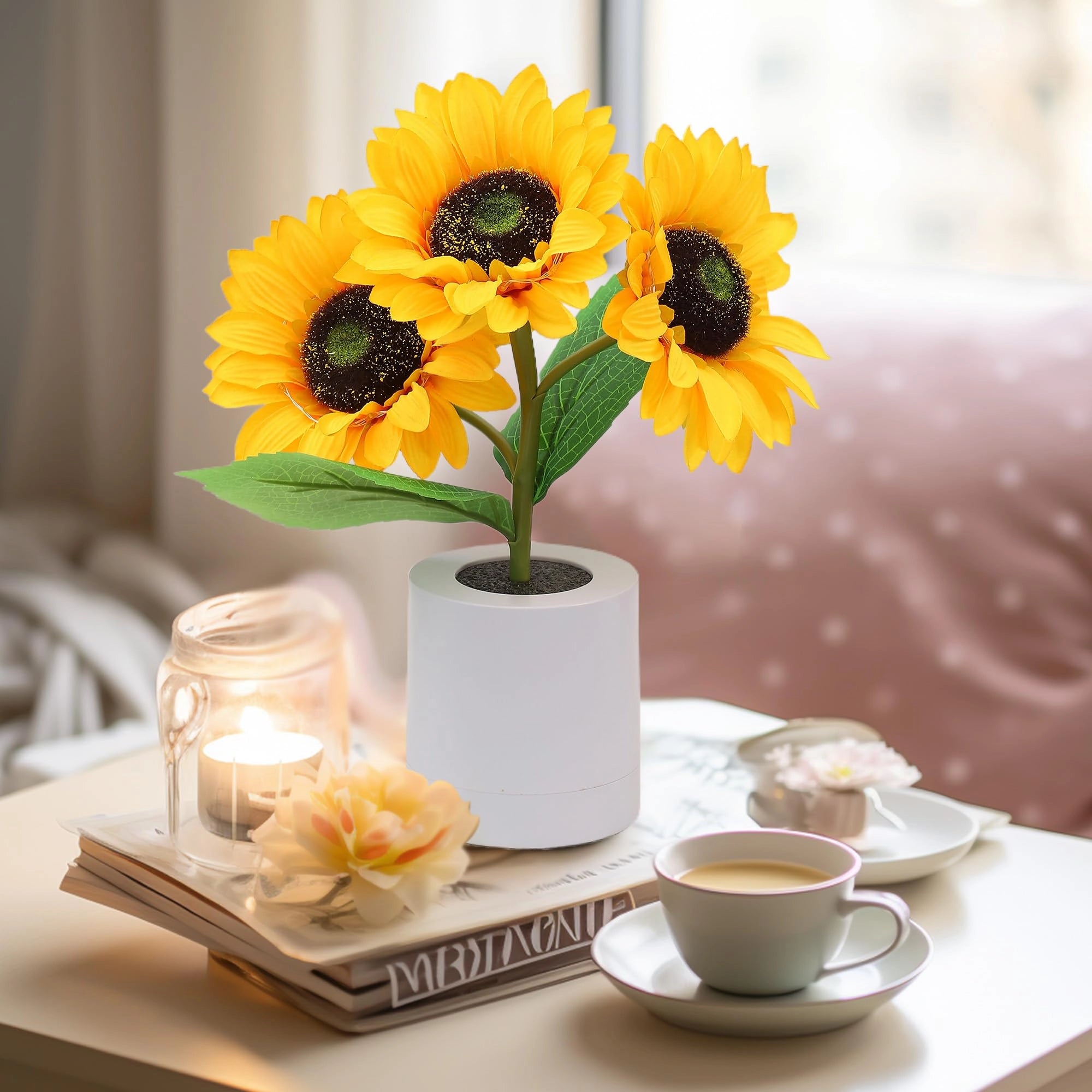 LED Sunflower Lamp with USB charging, featuring bright yellow petals resembling a sunflower, designed as a decorative night light for home decor.
