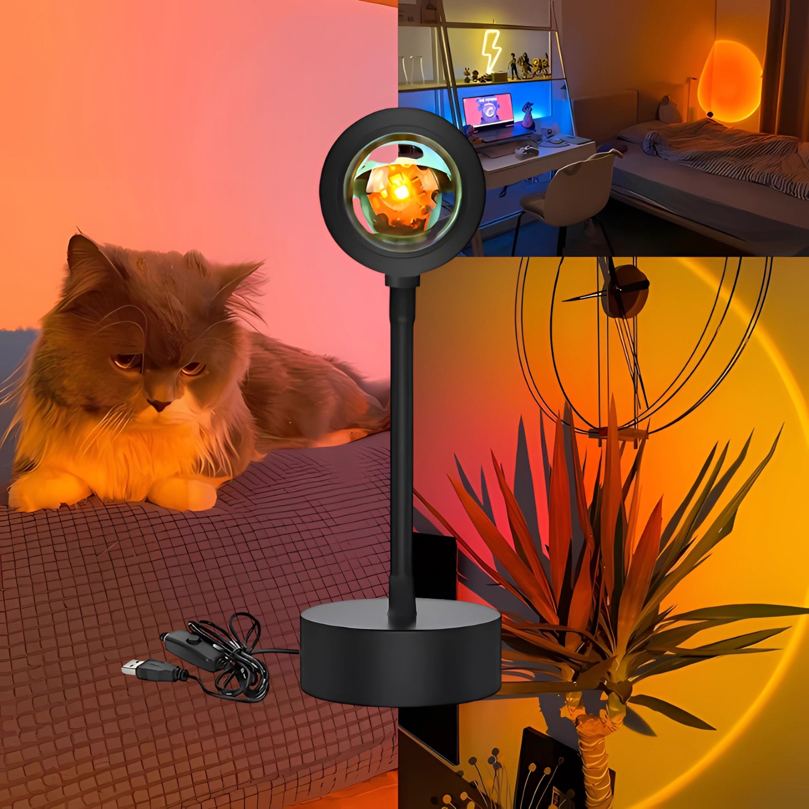 LED sunset projection lamp with a color-changing feature, USB powered and mounted on a stand, casting colorful light onto a nearby plant. A small cat with distinct whiskers is curiously observing the lamp.