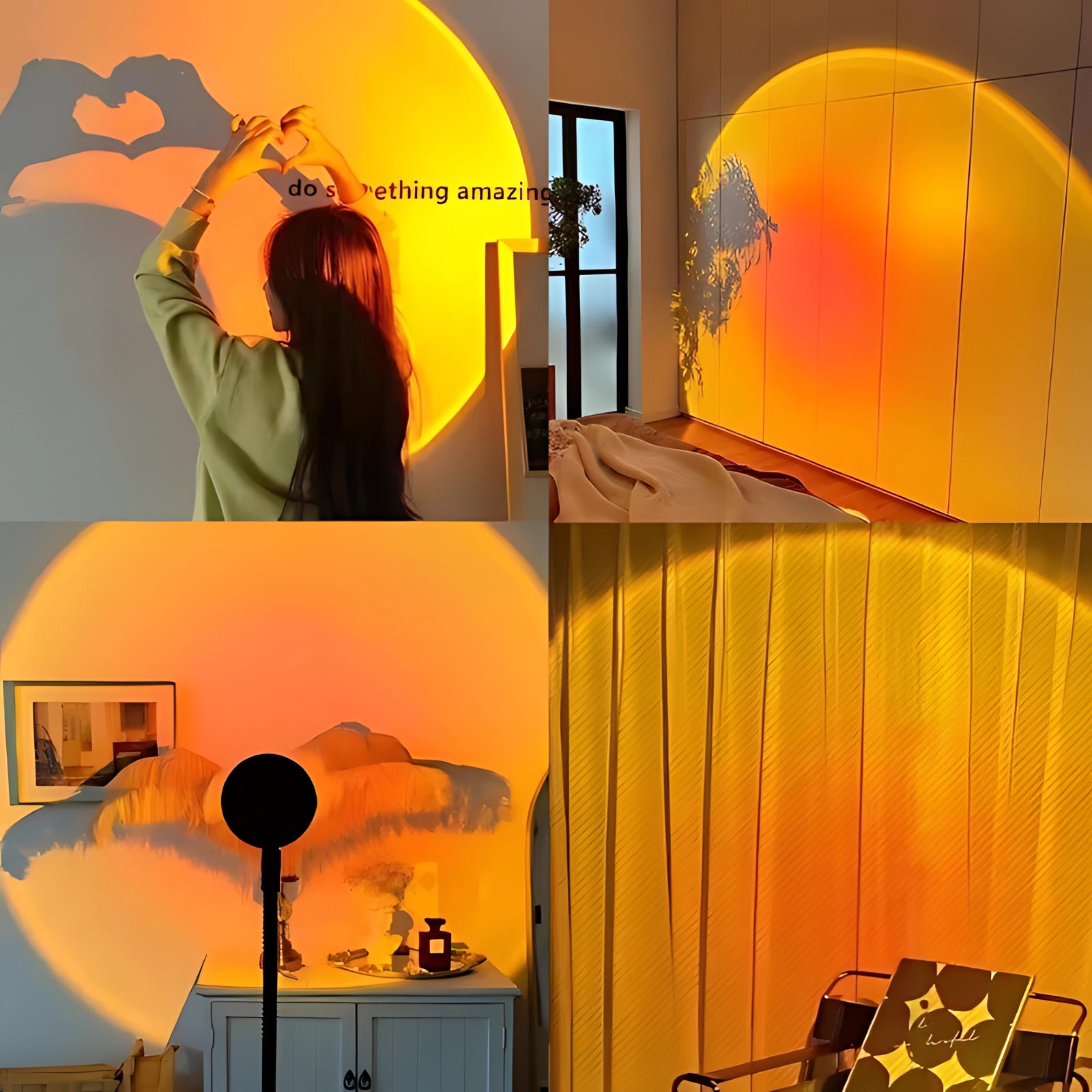 
A LED sunset projection lamp displaying a blend of orange and amber hues, creating a warm and artistic ambiance on a wall. The lamp is USB powered and comes with a stand, adding an element of interior design to the space.