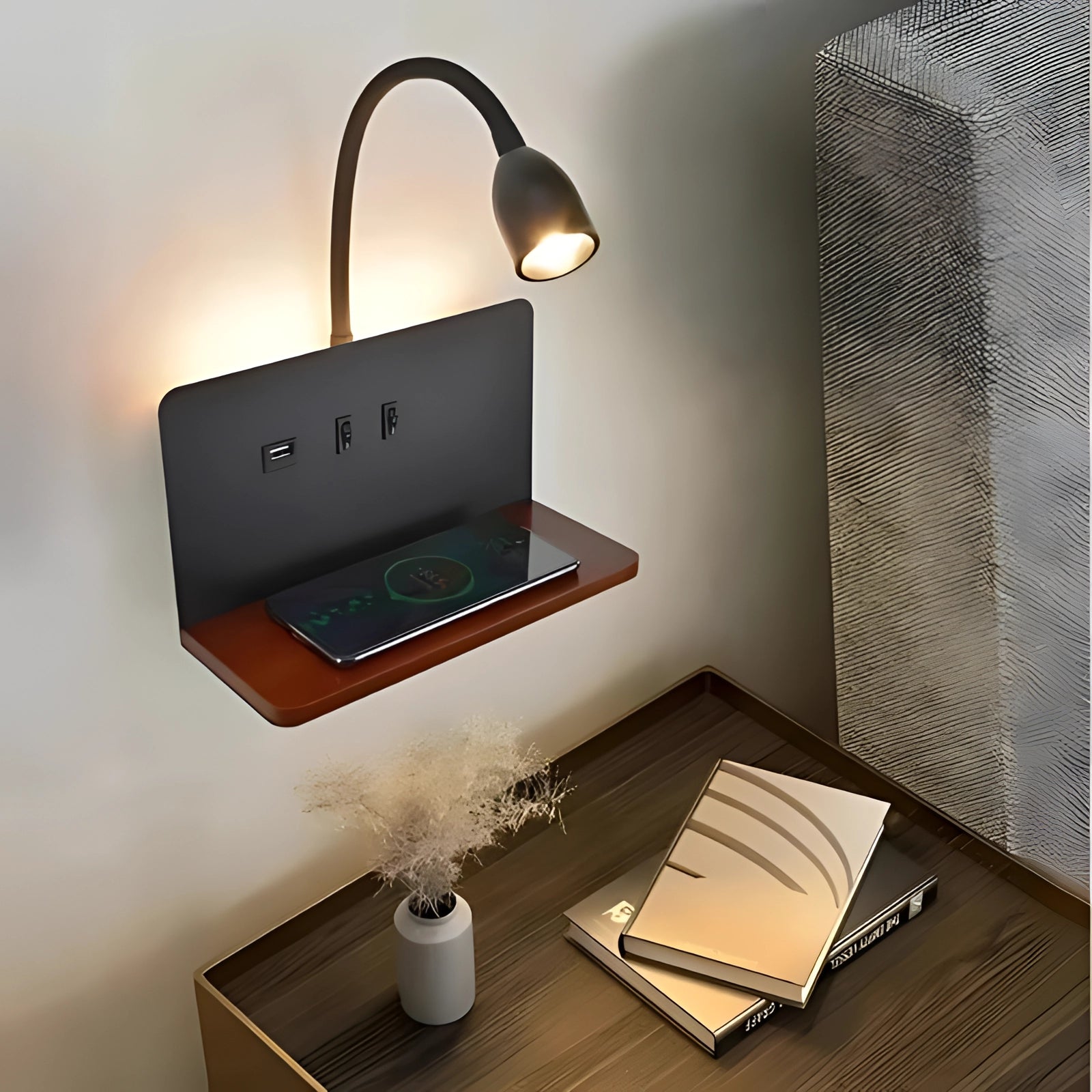 Black LED wall lamp with a flexible gooseneck and a built-in wooden shelf, mounted on a wall, designed for interior lighting and USB charging.