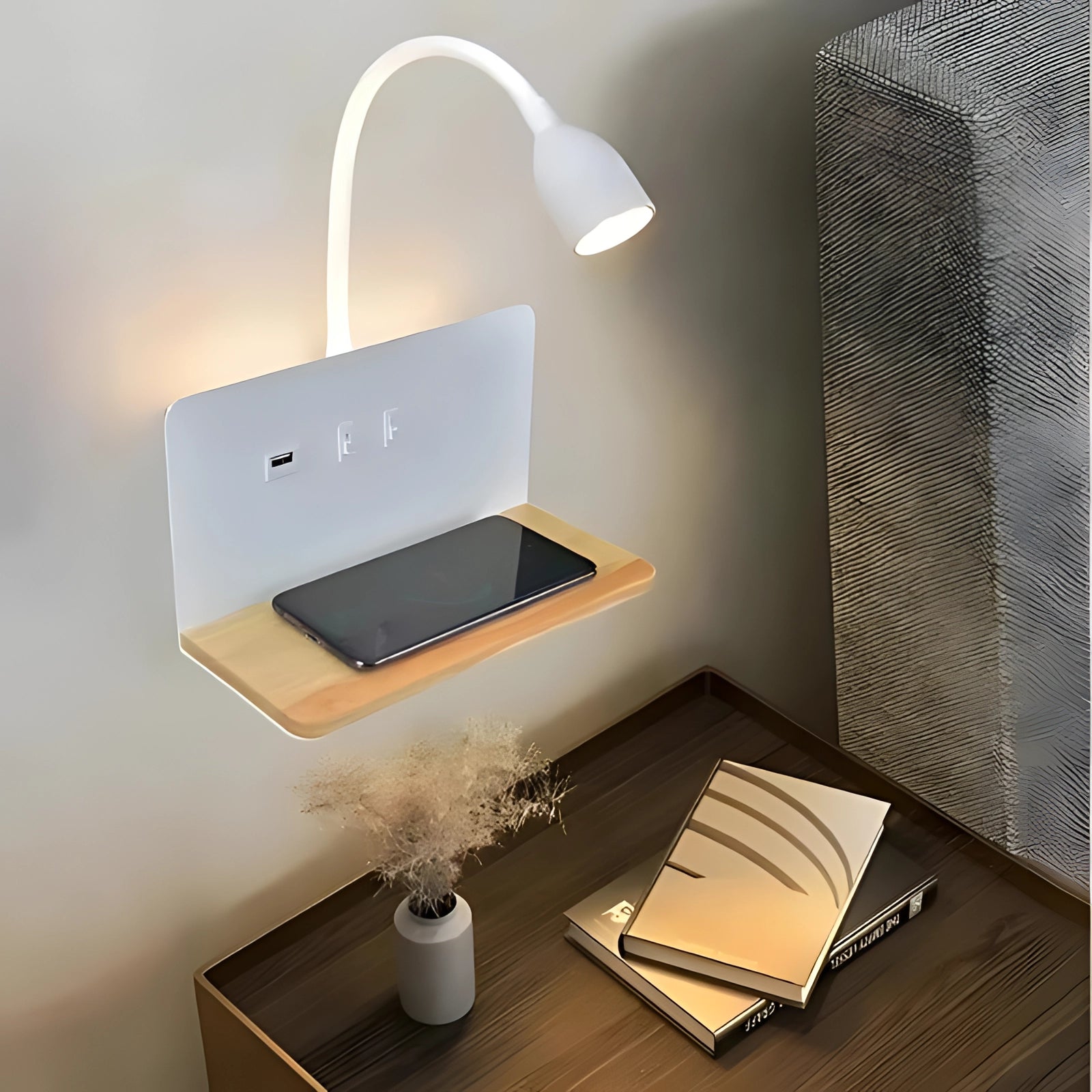 White LED wall lamp with flexible gooseneck and integrated wooden shelf, featuring a USB charging port, suitable for interior design and home lighting.