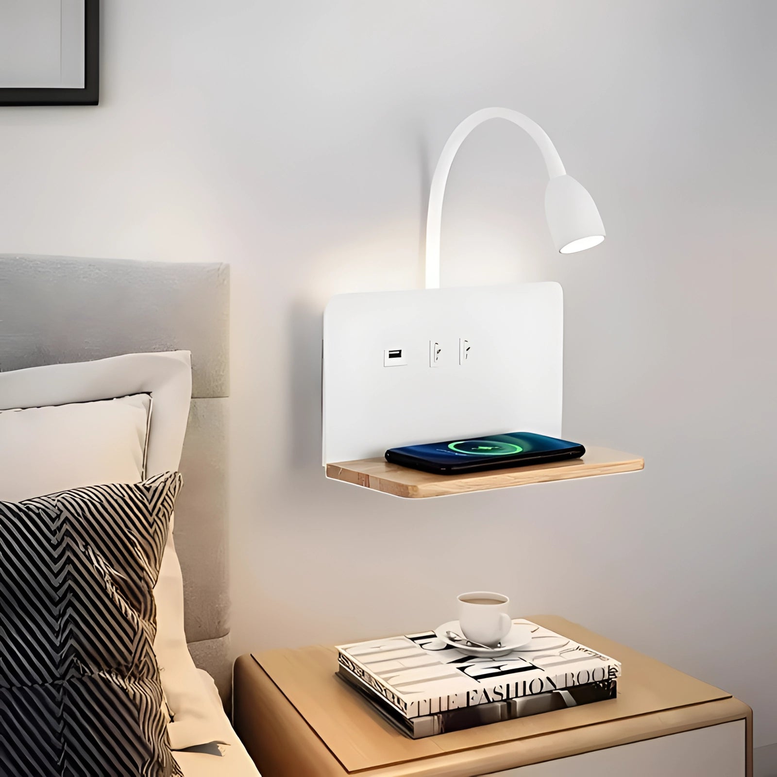 LED wall lamp featuring a flexible gooseneck design, integrated with a wooden shelf for added functionality. The lamp includes a USB charging port, making it a practical addition to modern interior design. The sleek rectangular shape complements its grey finish, blending seamlessly with contemporary home decor.