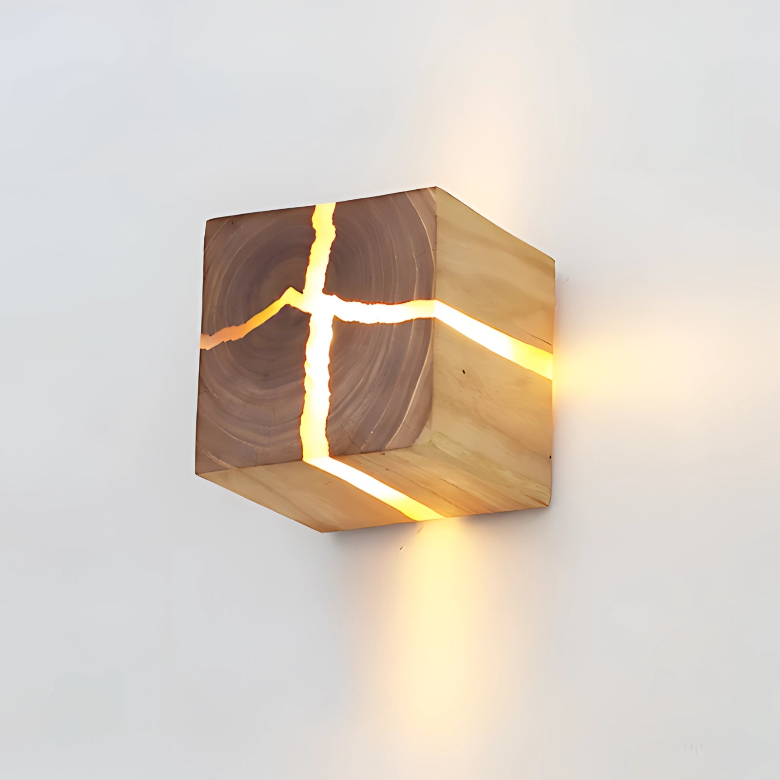 Hexagonal LED wooden wall lamp with a minimalist design, featuring a warm gold tint and eco-friendly materials, mounted on a wooden surface.