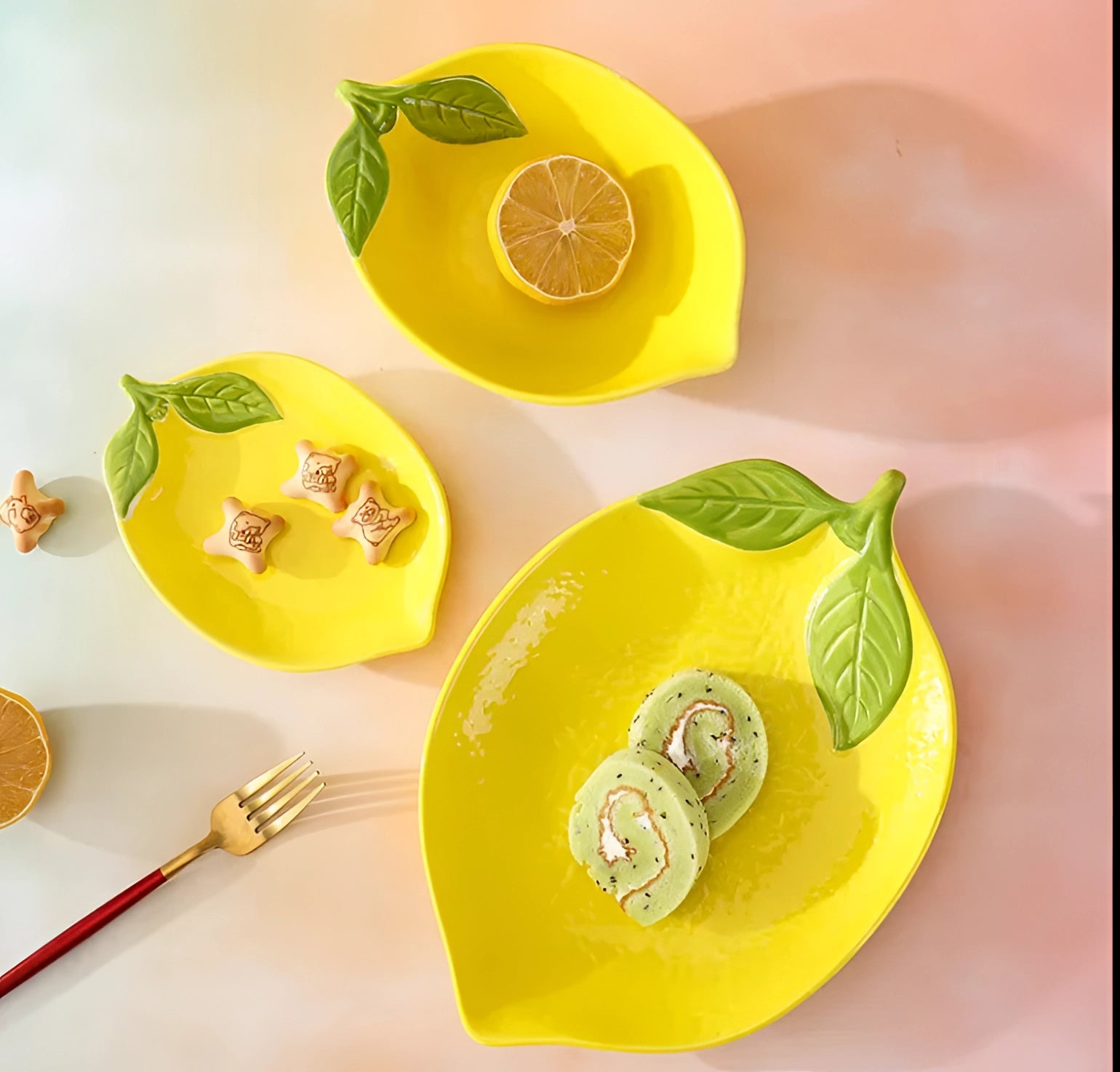 Lemon-shaped ceramic bowls resembling vibrant yellow citrus fruits, perfect for adding a touch of playful elegance to your table setting or kitchen decor.