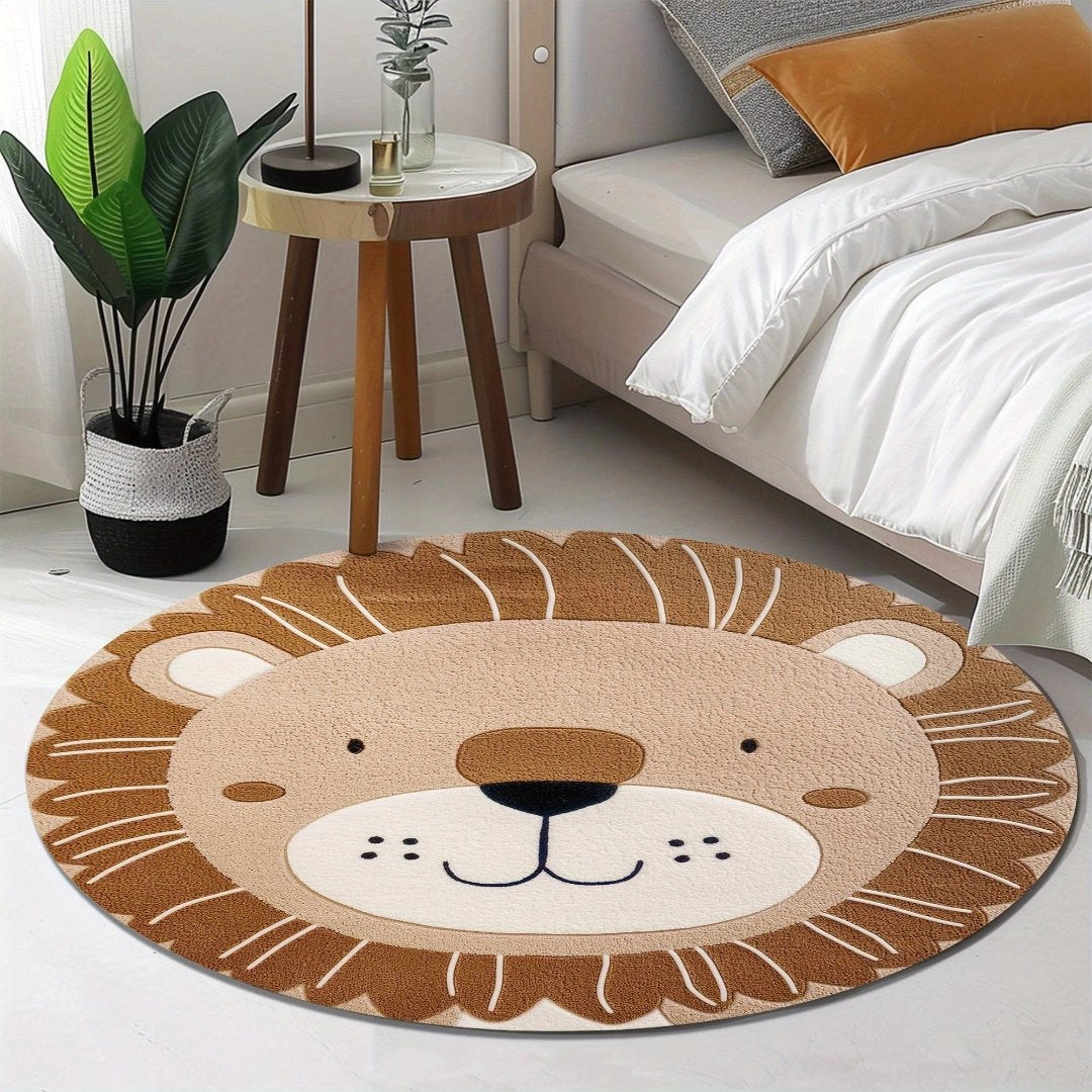 Lion face rug on wooden flooring in a nursery room, surrounded by houseplants and furniture, featuring a cartoon design for kids' room decor.