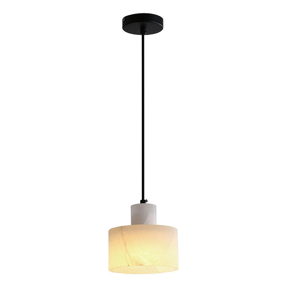 Luxury Alabaster Pendant Light made from natural stone, featuring a minimalist design, hanging from the ceiling in a modern interior setting.
