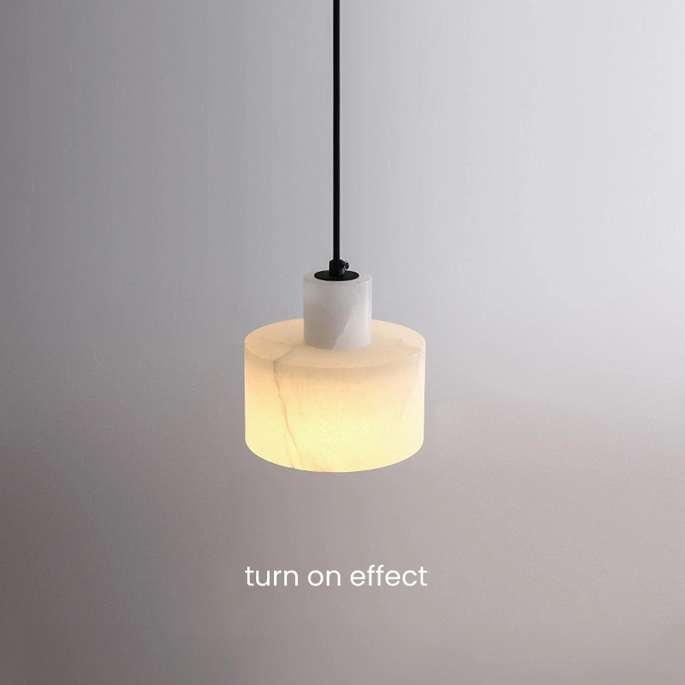 Luxury Alabaster Pendant Light, Natural Stone Minimalist Ceiling Lamp, modern and elegant design hanging from ceiling, with smooth alabaster stone and metallic accents.