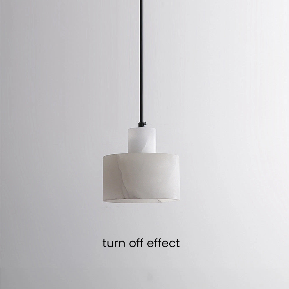 Luxury Alabaster Pendant Light made of natural stone, minimalist design, rectangular shape, hanging from the ceiling, with wooden and aluminum accents.