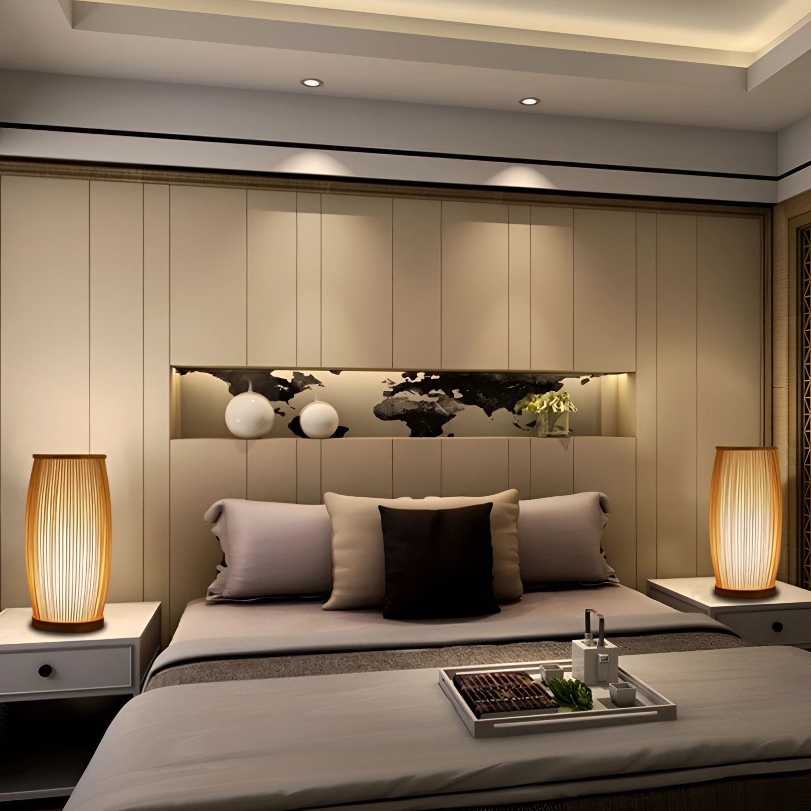 Luxury bamboo bedside lamp with a modern and stylish design, featuring a wooden base and fabric shade, ideal for adding comfort and decoration to a bedroom interior.