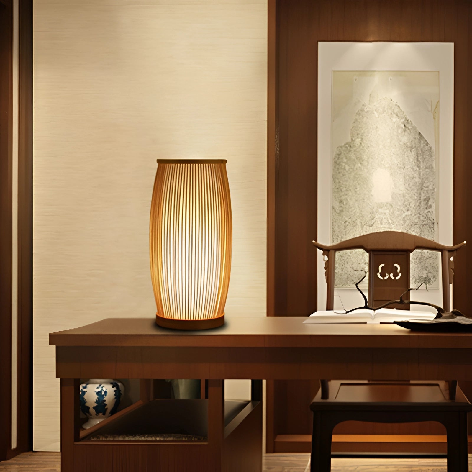 Luxury bamboo bedside lamp with a modern design, featuring a rectangular wooden base and lampshade. The lamp is designed to complement contemporary bedroom interiors, providing stylish and functional lighting.