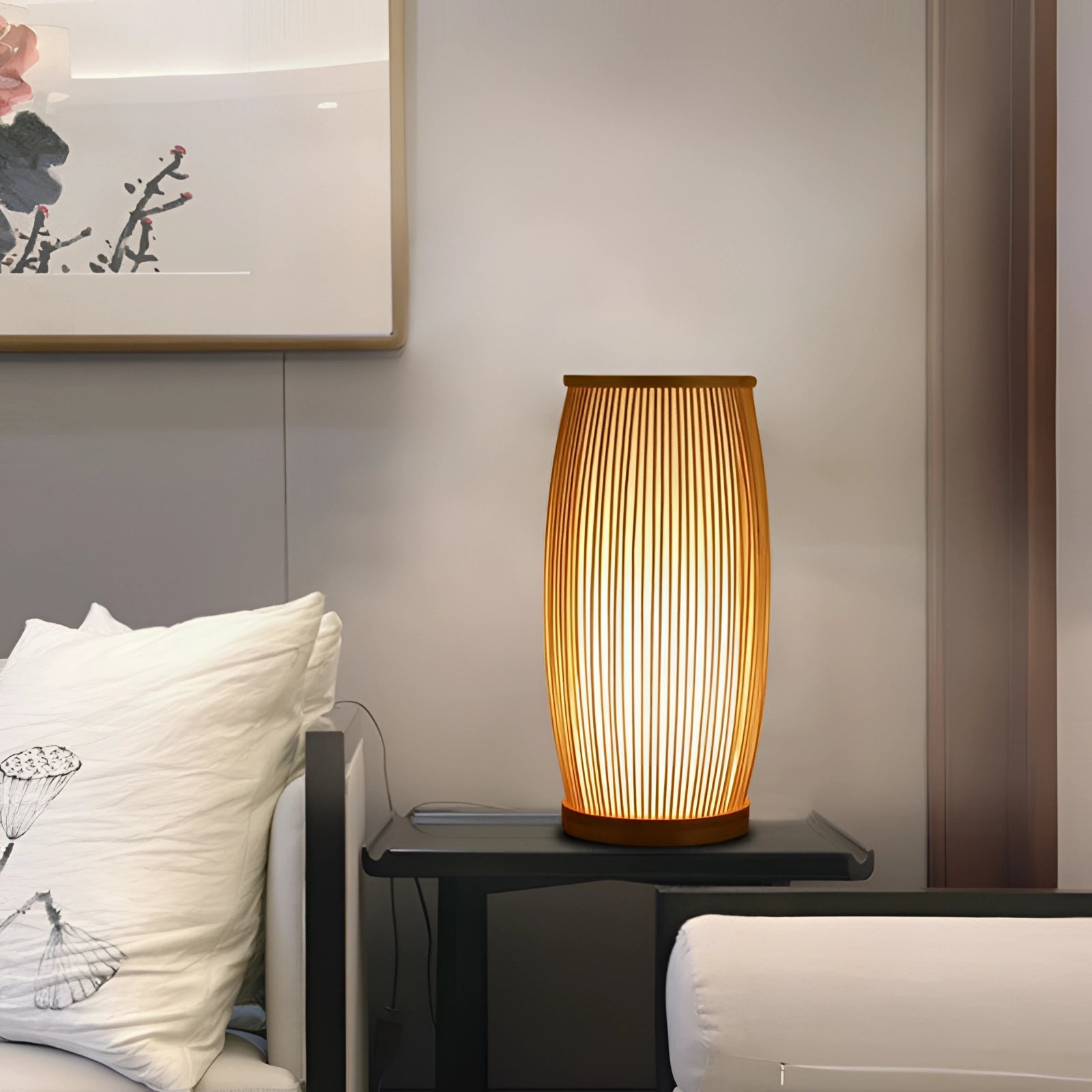 Luxury bamboo bedside lamp with a modern and stylish design, featuring a sleek white light and wood finish, perfect for enhancing interior design and adding comfort to your bedroom lighting arrangement.
