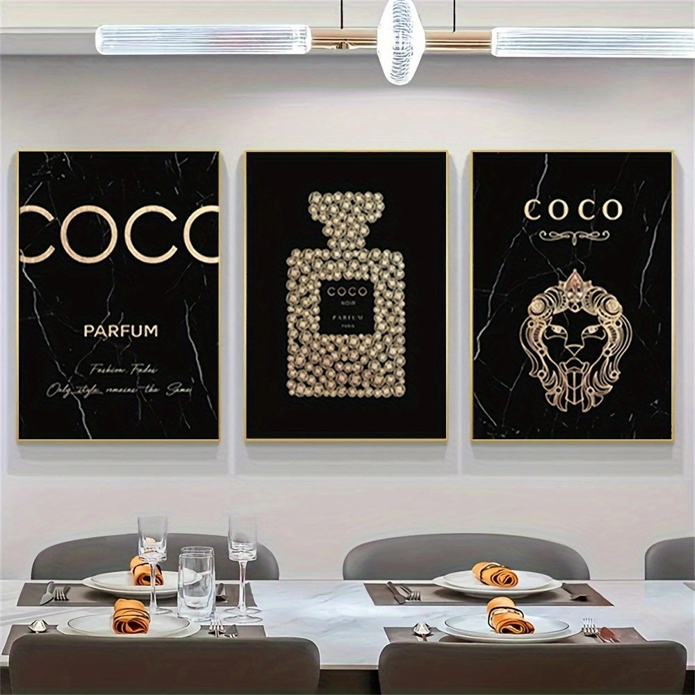Black and gold perfume-themed canvas art trio with elegant design, suitable for sophisticated living room decor.