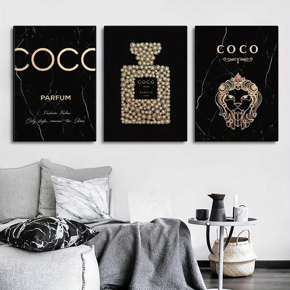 Luxury black and gold perfume-themed canvas art trio displayed in a contemporary living room setting, featuring elegant text and stylish design elements.