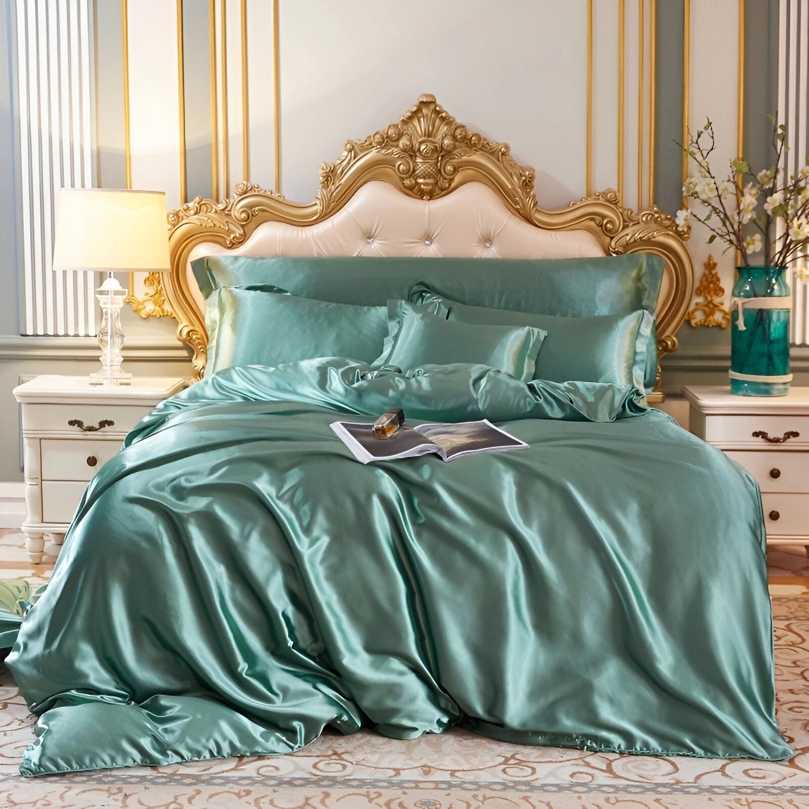 Luxury black leather bed with gold and marble accents, featuring an olive green color variant in a 220x240 cm size, shown with two matching pillowcases, set in an elegant interior environment.