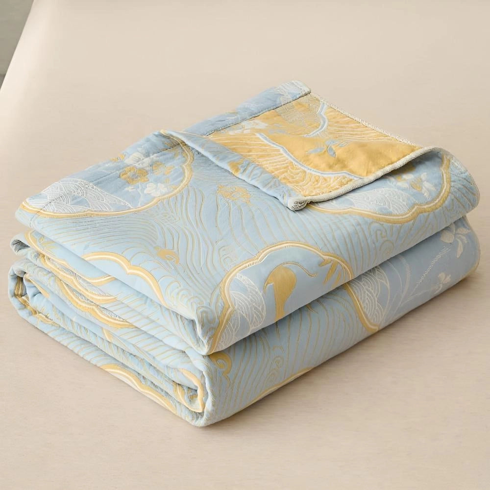 Luxury blue bedding set featuring an ornate gold floral pattern in light blue, sized 200x230cm, displayed on a neatly made bed.