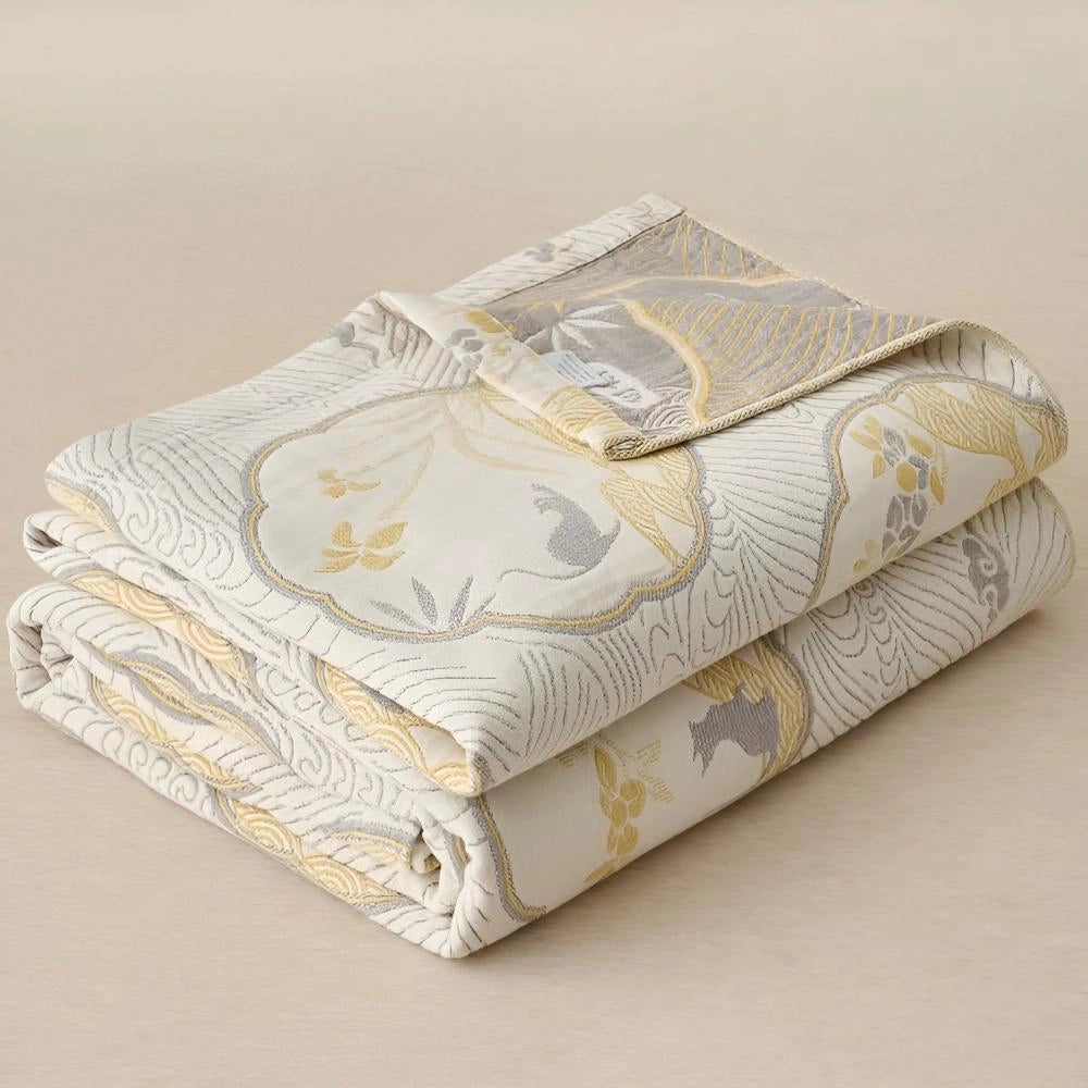 Luxury blue bedding set with ornate gold floral pattern displayed, featuring a khaki variant in a 200x230cm size, showcasing elegant and intricate design elements.