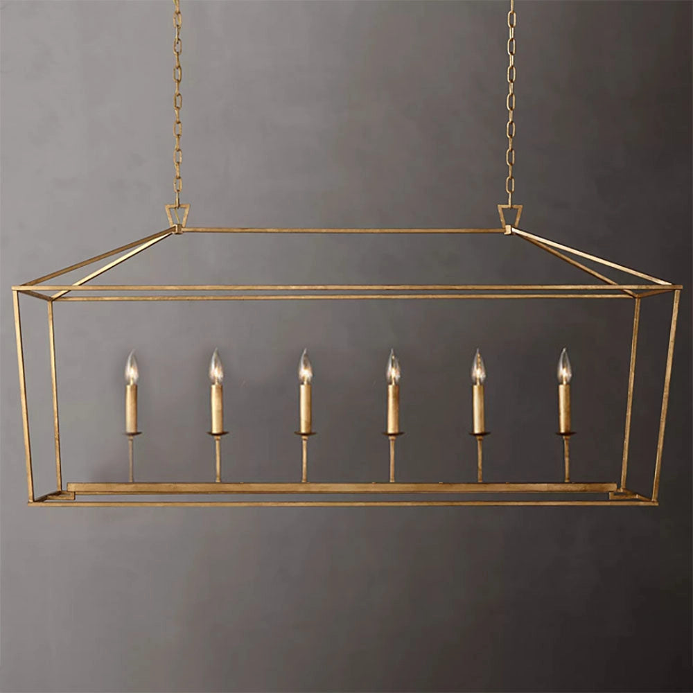 Luxurious brass LED geometric pendant chandelier with a rectangular and circular design, featuring symmetrical metal elements, suspended from the ceiling, suitable for modern interior spaces.
