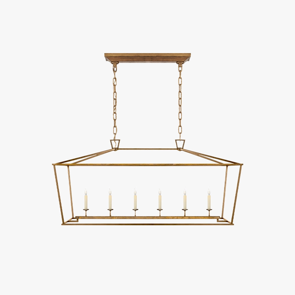 Luxury brass LED geometric pendant chandelier hanging above a wooden table and chairs, enhancing a modern and elegant dining room setting.