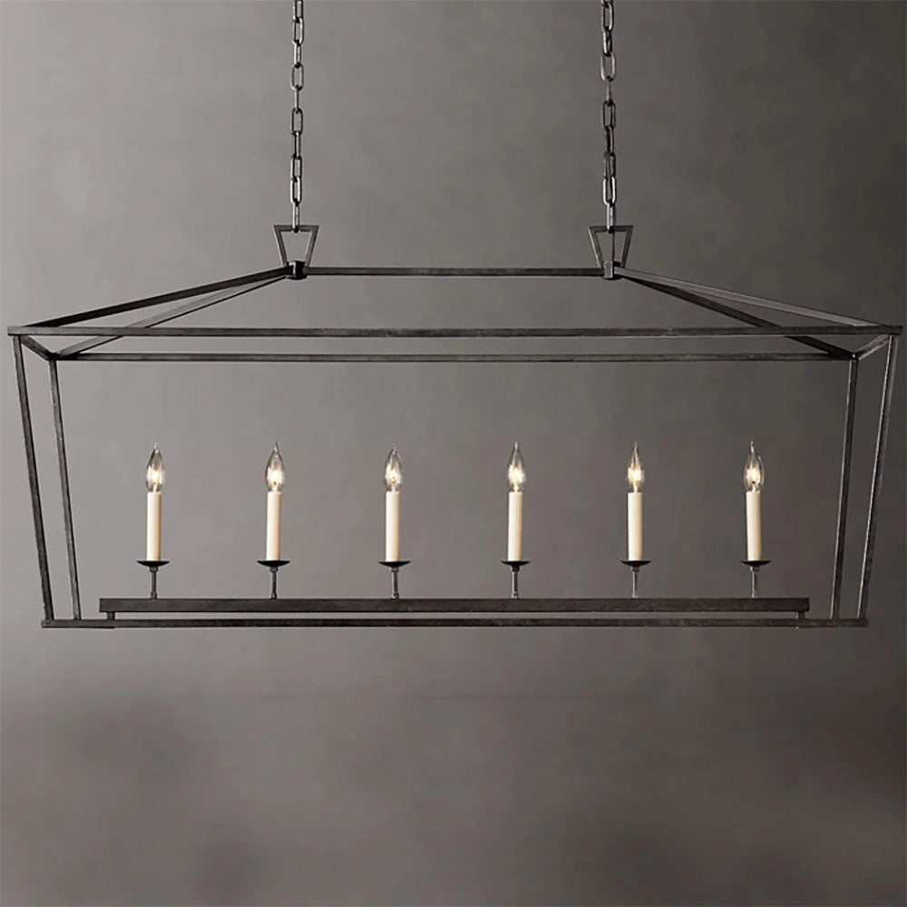 Luxury brass LED geometric pendant chandelier with a rectangular design, featuring integrated modern lighting elements, suspended from the ceiling.