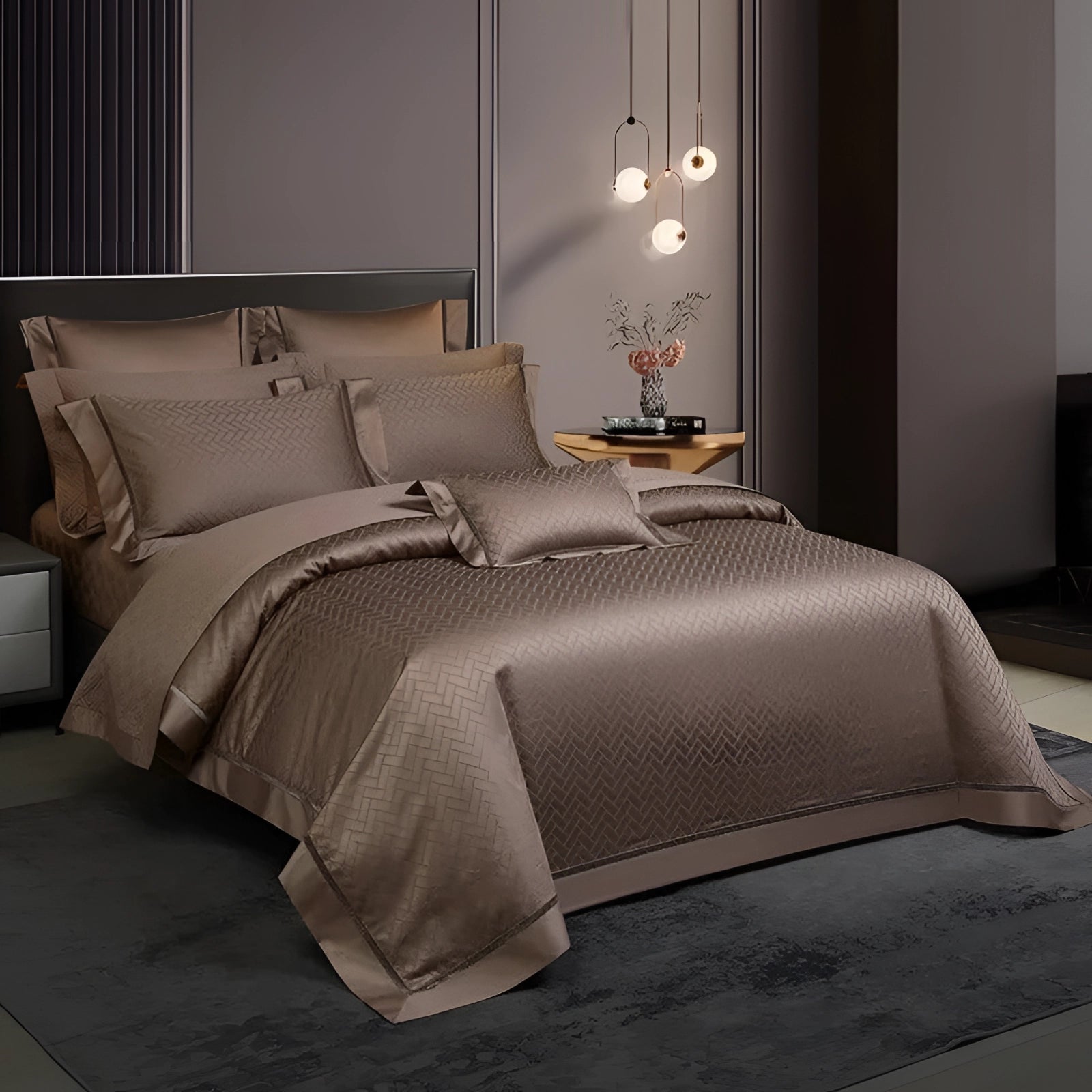 Luxury chocolate satin bedding set in a geometric pattern, displayed on a king-size bed with a wooden bed frame, complemented by plush pillows and accompanied by a bedside lamp.