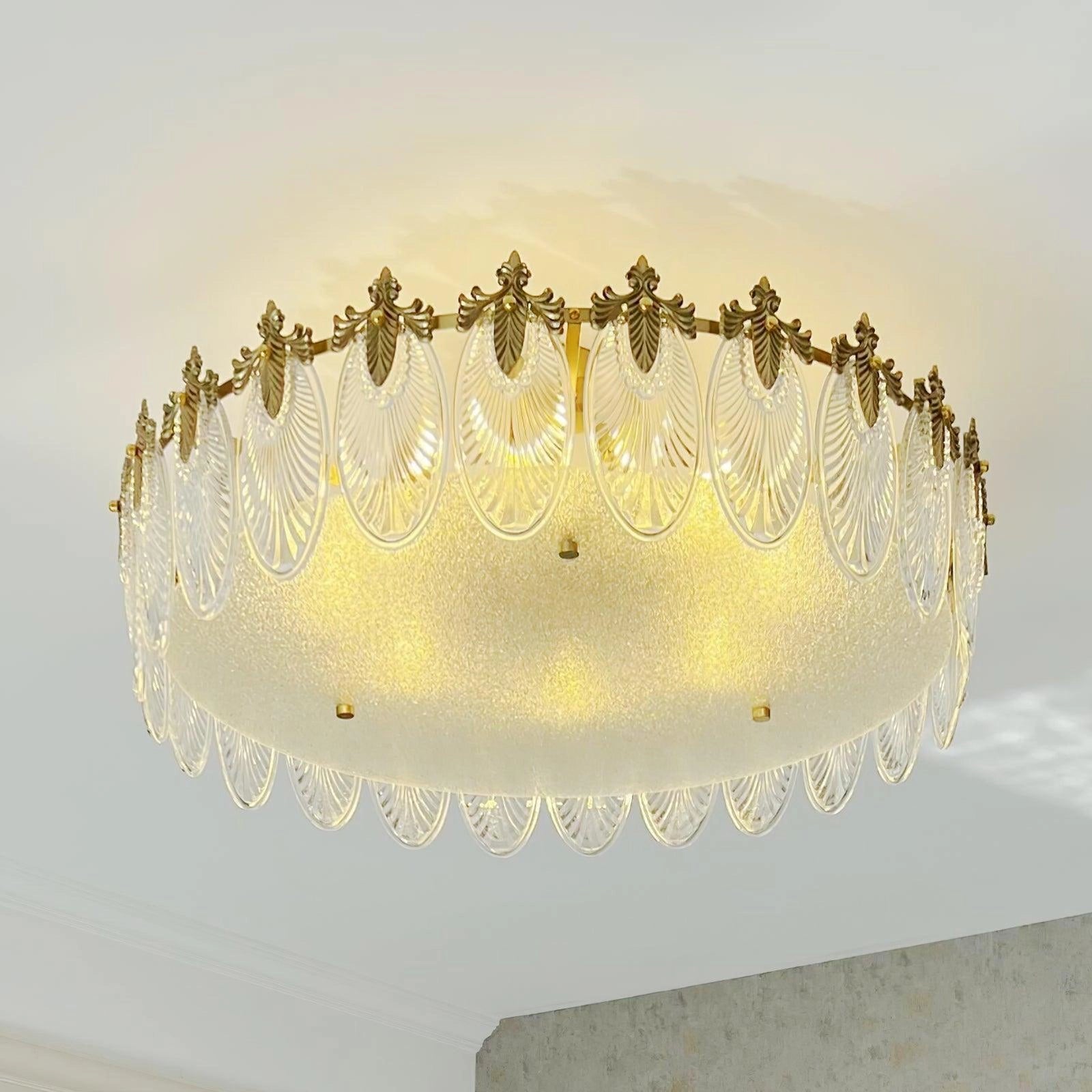Luxury Crystal Chandelier with Gold Leaf Vintage Design Hanging from Ceiling, Featuring Intricate Metalwork and Sparkling Crystal Accents