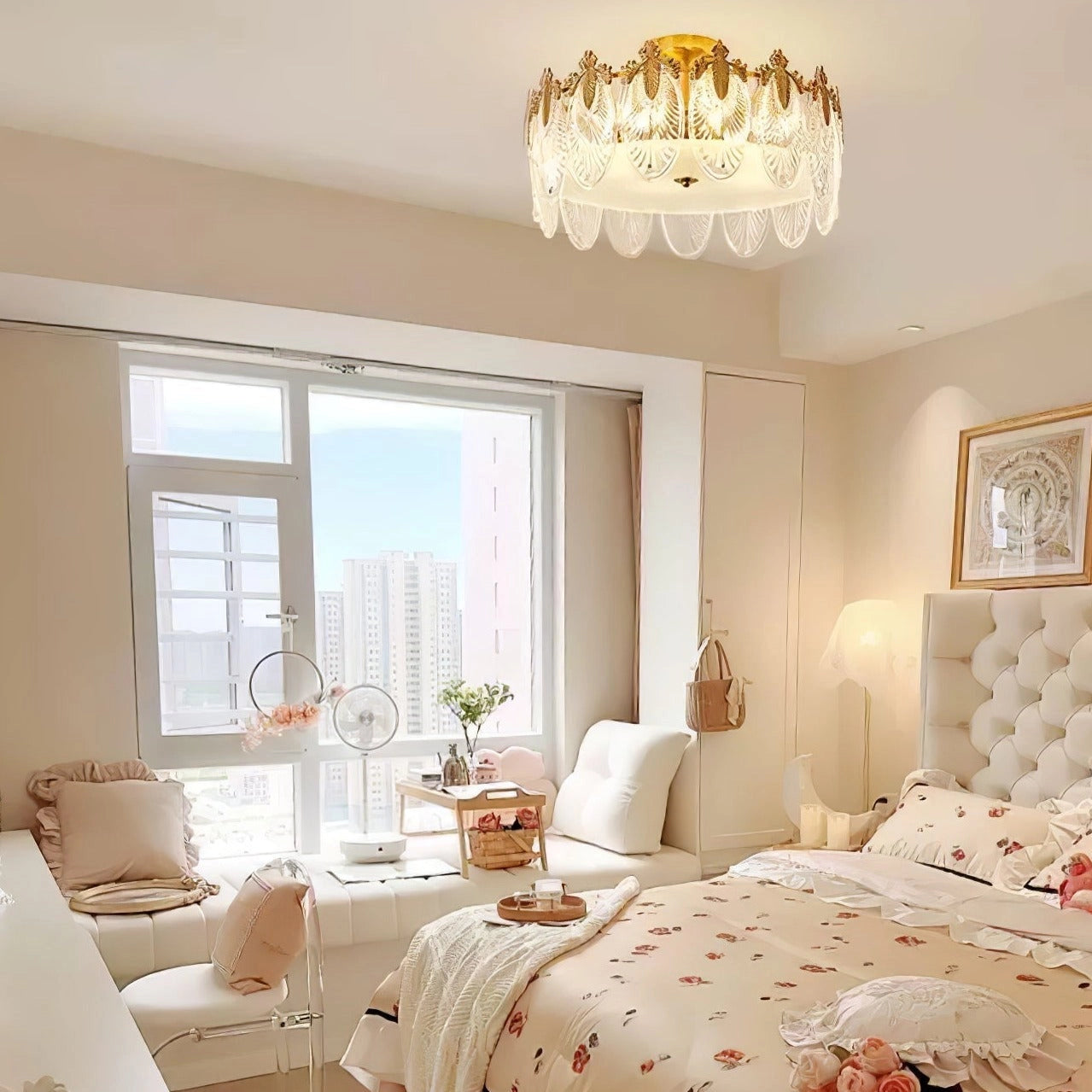 Luxury crystal chandelier with gold leaf vintage design, hanging from ceiling in a well-lit, elegantly designed interior space with wooden accents and large windows.