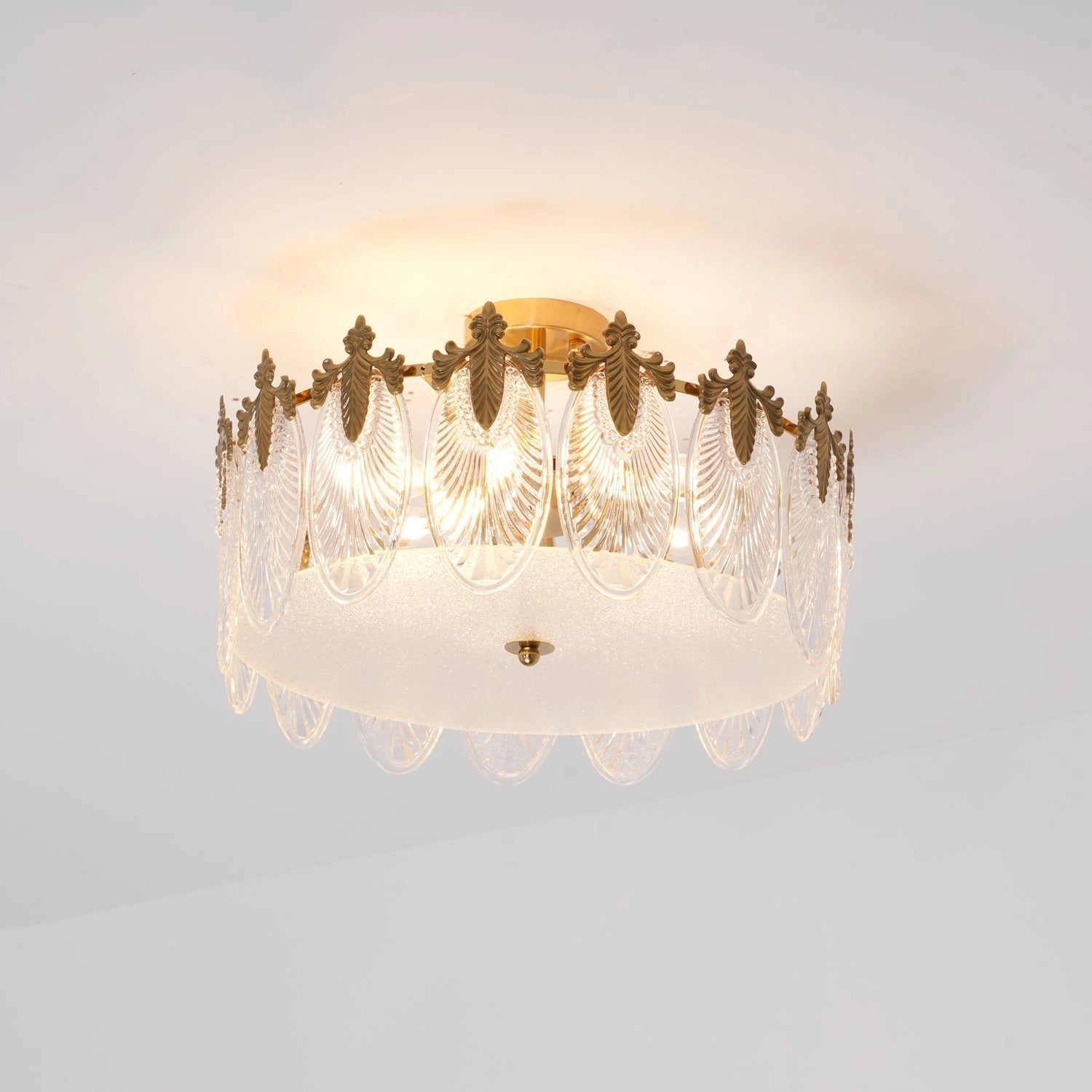 Luxury Crystal Chandelier with Gold Leaf Vintage Design, featuring an ornate circular ceiling fixture adorned with crystal accents and elegant light bulbs.