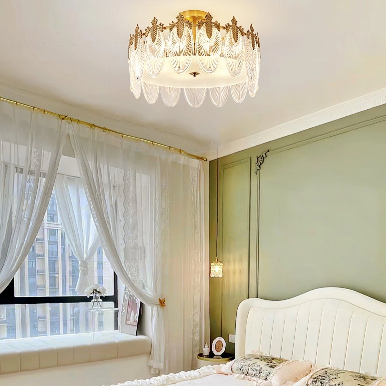 Luxury crystal chandelier with gold leaf vintage design, hanging from ceiling, illuminating the room.