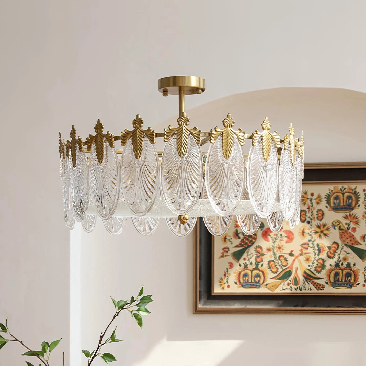 Luxurious gold leaf vintage crystal chandelier with 8 heads, featuring a diameter of 23.6 inches and height of 9.1 inches, made of copper with clear glass details, enhancing the elegance of any room.