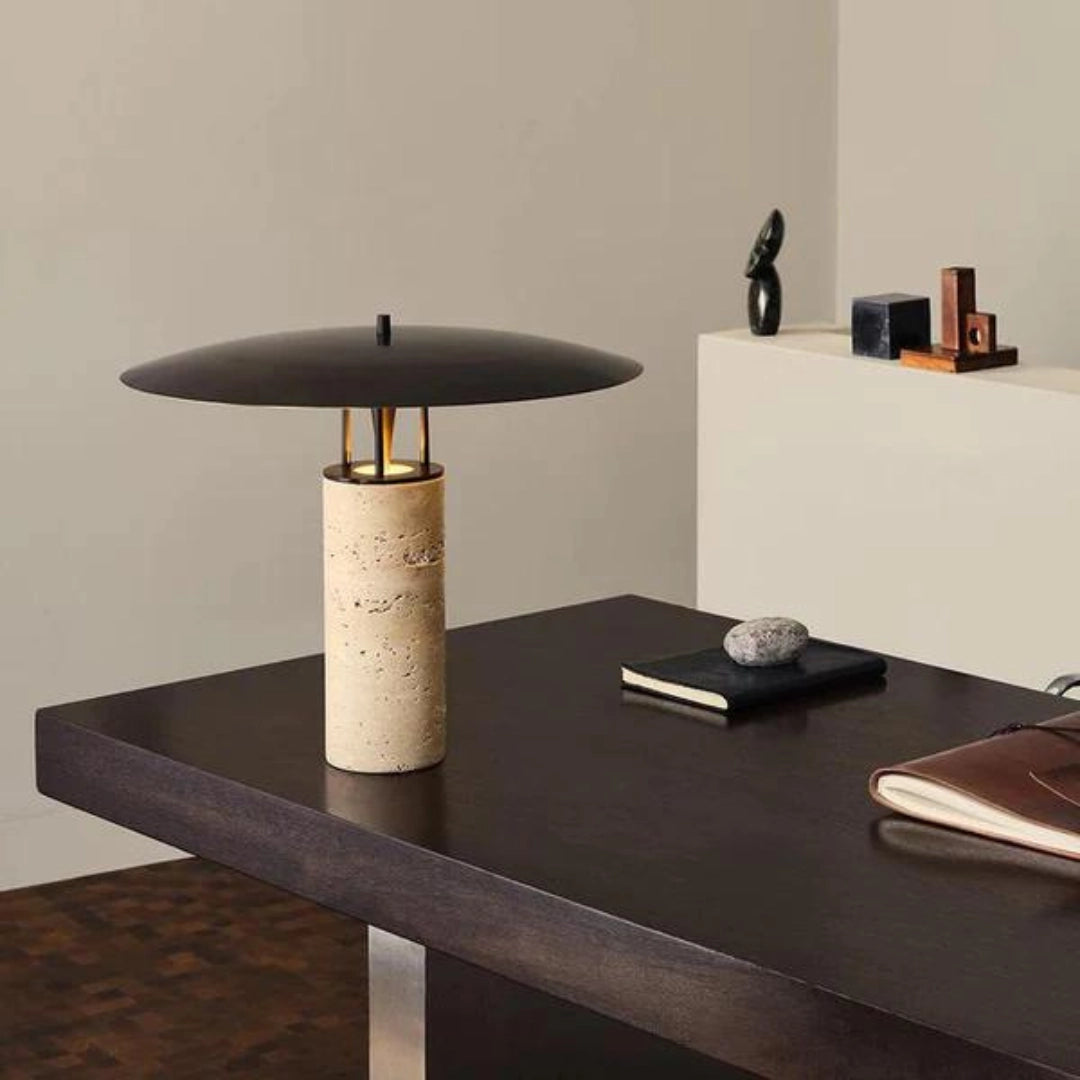 Luxury designer cork table lamp with a modern and eco-friendly design, featuring a rectangular shape and wooden elements, placed on a grey flooring surface, suitable for stylish interior design.
