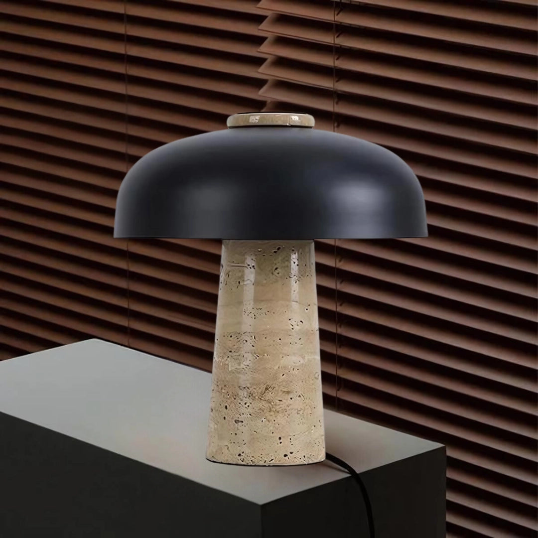 Luxury designer cork table lamp with a modern eco-friendly design, featuring a sleek wooden base and a soft fabric shade that emits a warm, ambient light.