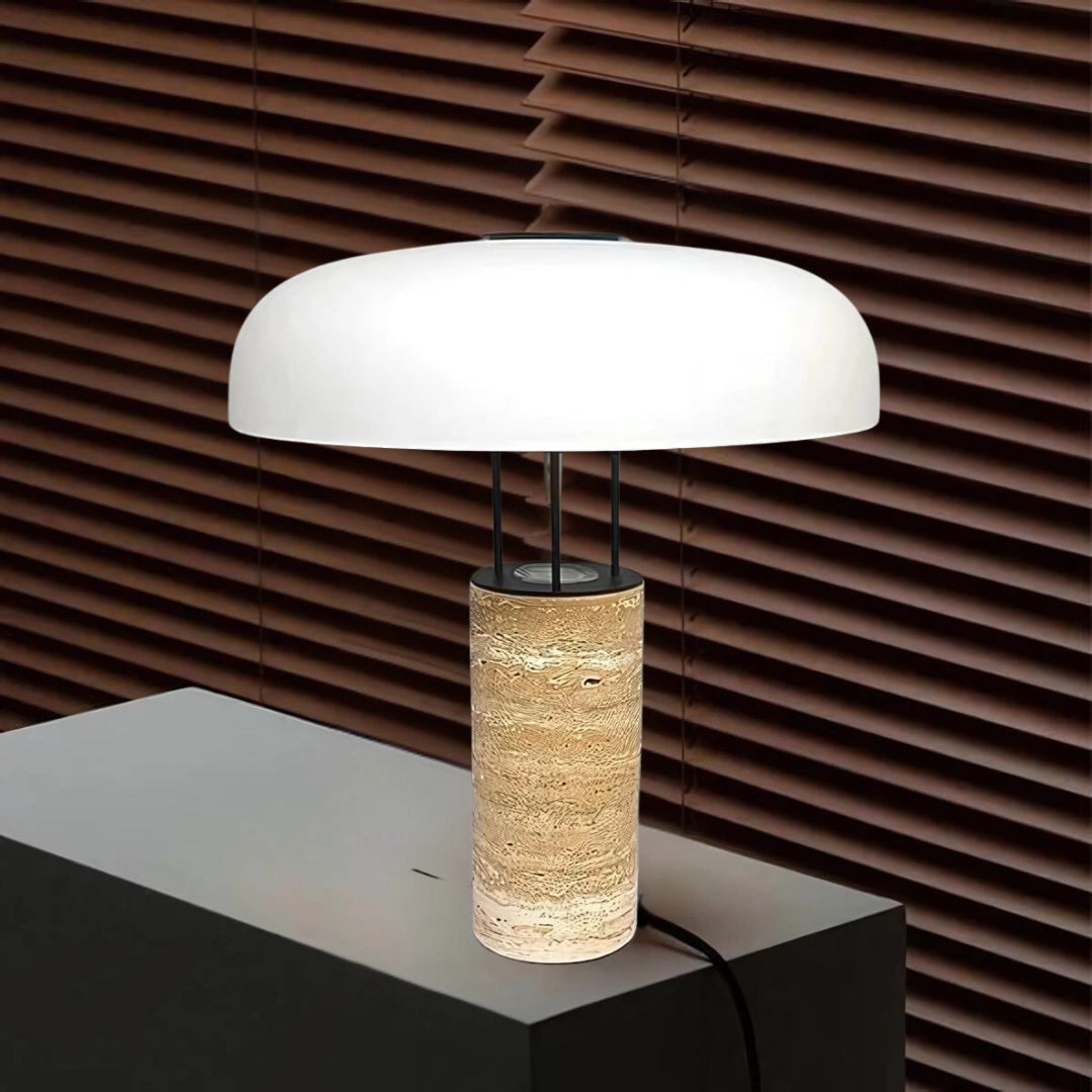 Luxury designer cork table lamp with a modern rectangular shape and eco-friendly materials, featuring a wooden base and a sleek lampshade that emits a warm, ambient glow.