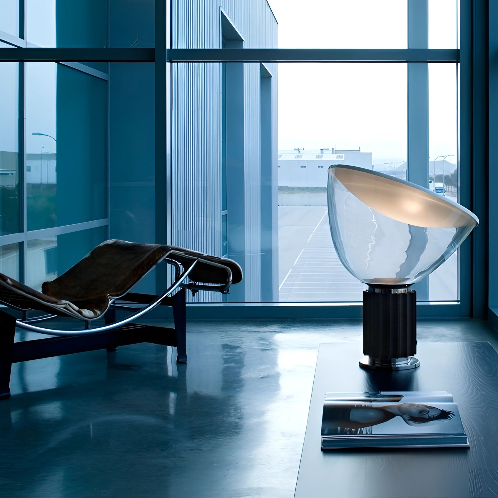 A luxury designer glass lamp featuring a modern ribbed base and a dome-shaped shade, displayed in a stylish interior setting with blue and wooden elements.
