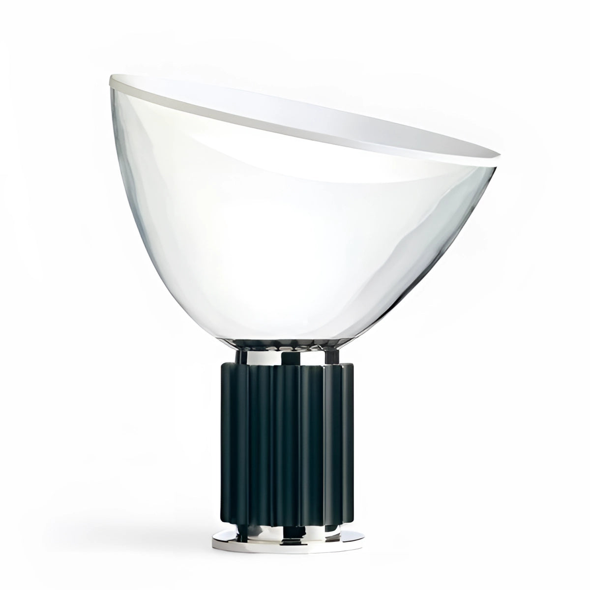 A sleek luxury designer glass lamp featuring a modern ribbed base with a black dome, capturing a contemporary aesthetic.