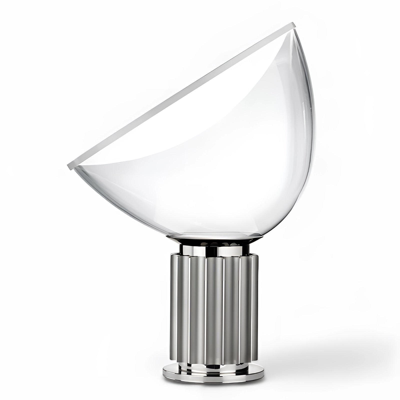 Luxury Designer Glass Lamp with a modern ribbed base and dome in silver, placed on a table, showcasing its sleek and transparent design.