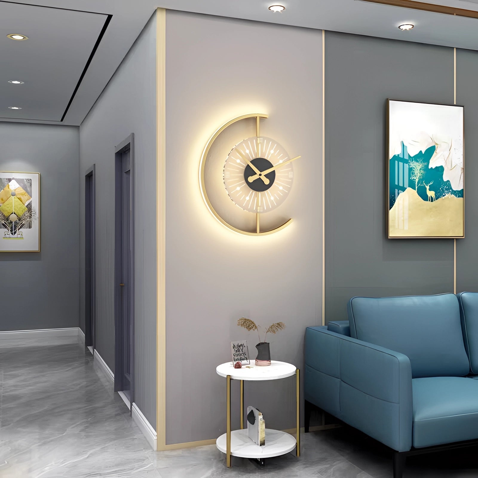 
Gold and black modern luxury designer wall clock displayed in a stylish interior setting with furniture including a couch, table, and picture frame, complementing the decor.