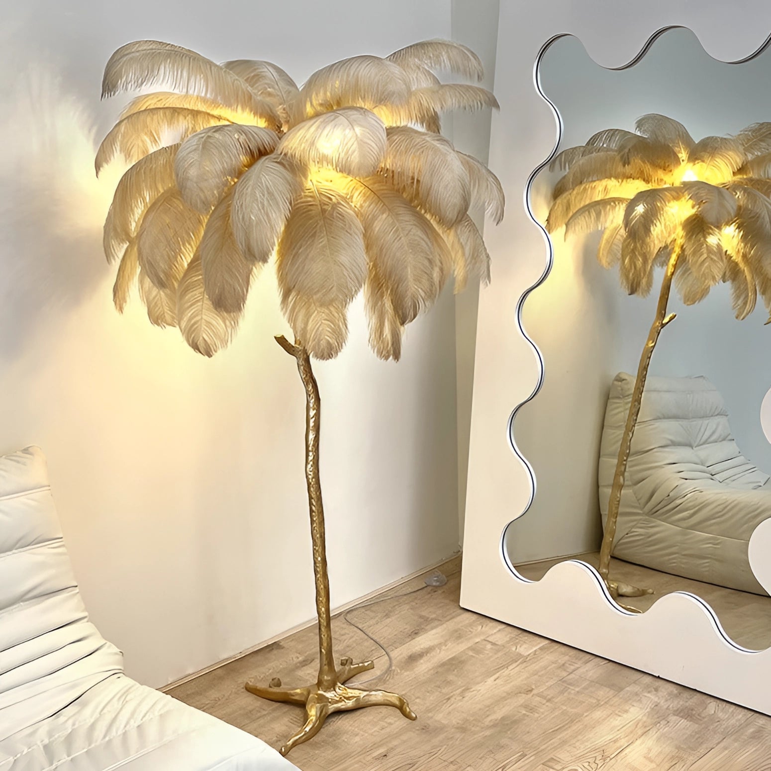 Luxury Feather Floor Lamp with Gold Palm Tree Design in Art Deco Style, placed in an elegant interior setting with nature-themed decorations, including a plant and picture frame.