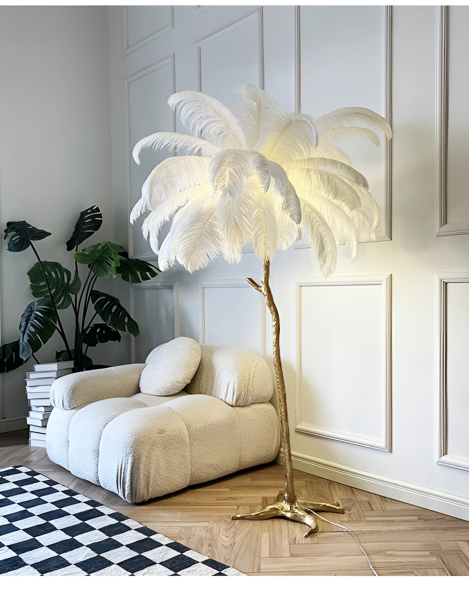 Elegant gold palm tree art deco floor lamp in a cozy interior room, surrounded by stylish furniture and decor elements.