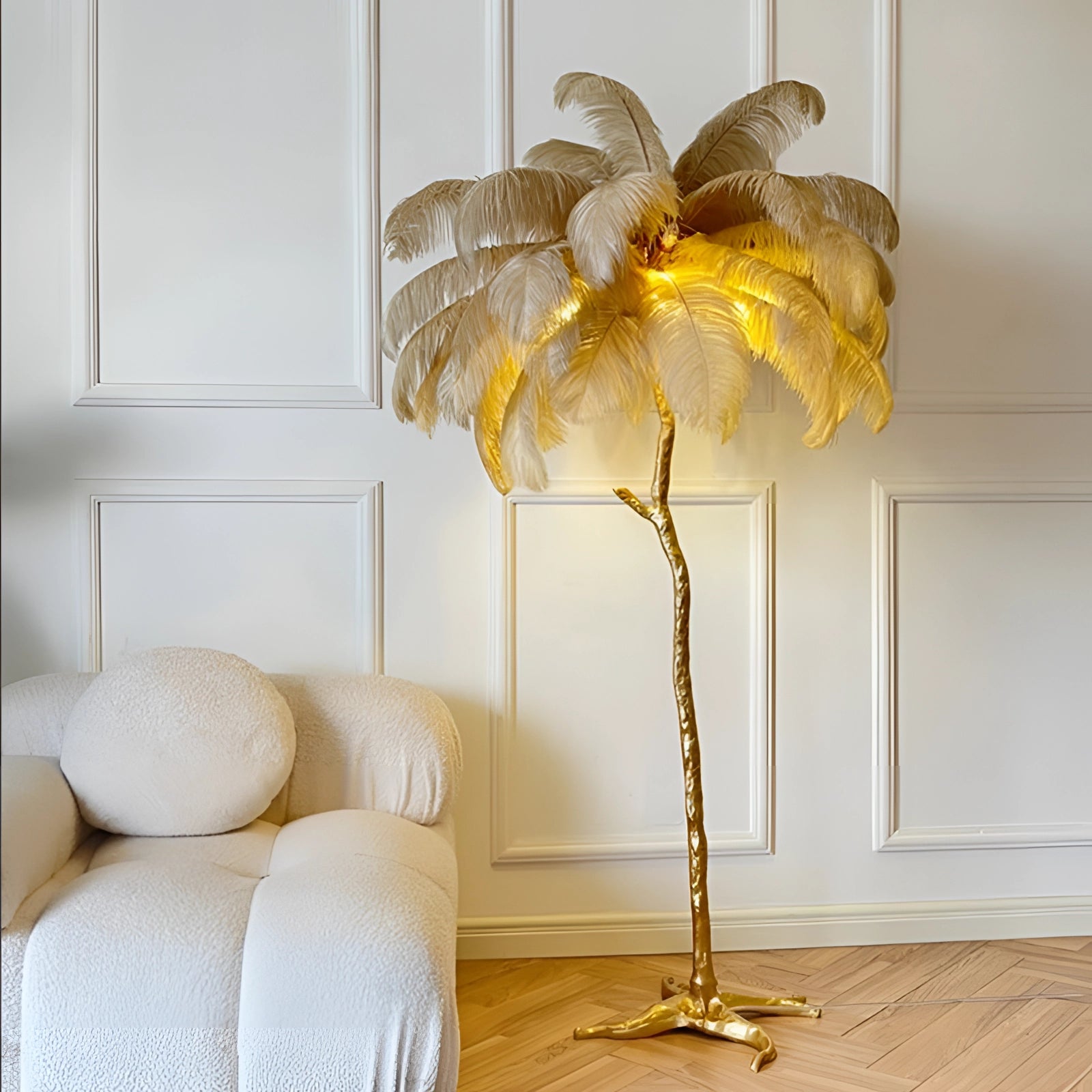 Luxury Feather Floor Lamp - Palm Tree Design, Golden Stand