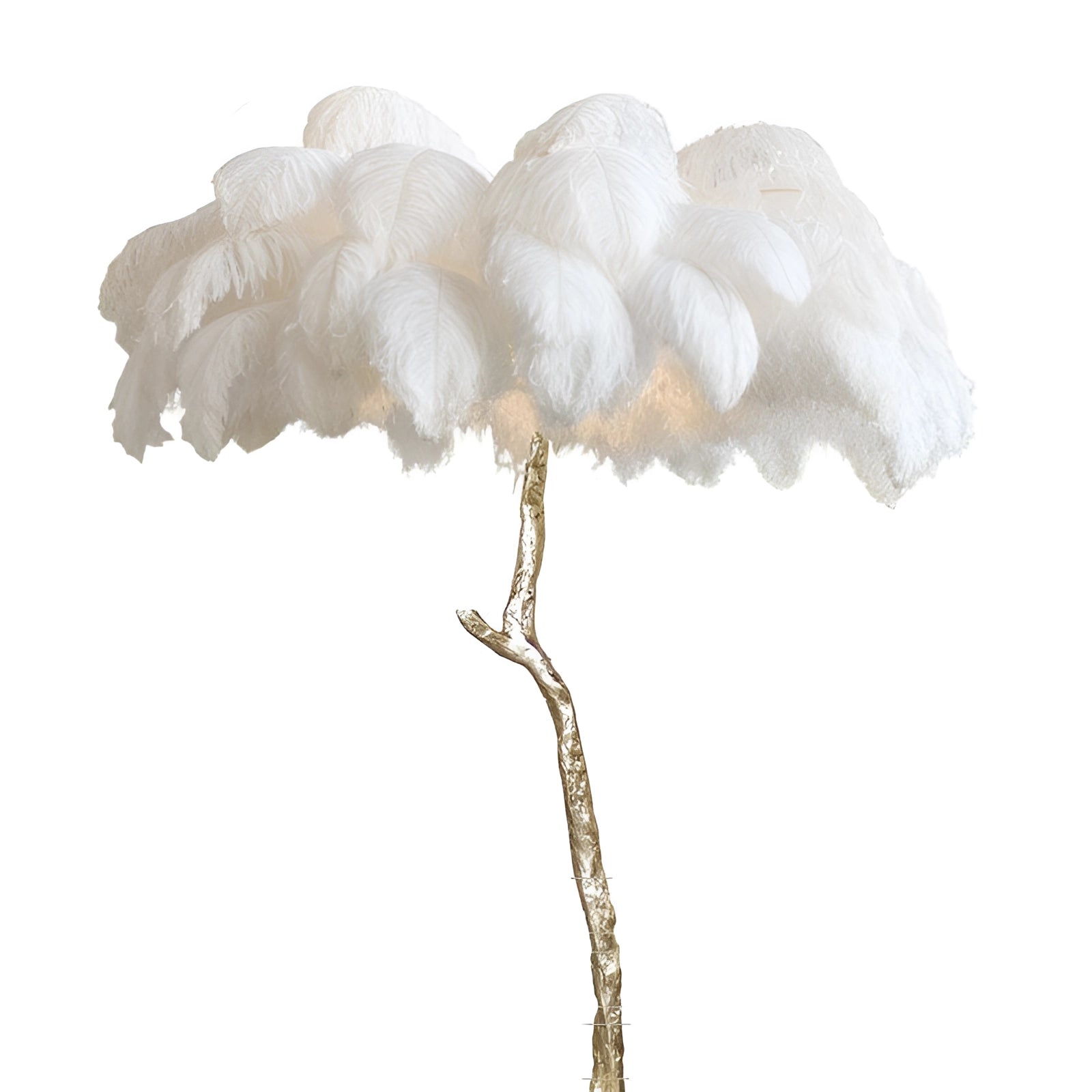 Luxurious feather table lamp featuring a unique tree-inspired base design, perfect for adding a modern touch to bedroom decor. The intricate base mimics the appearance of twigs and flowering plants, creating an elegant and artistic look.