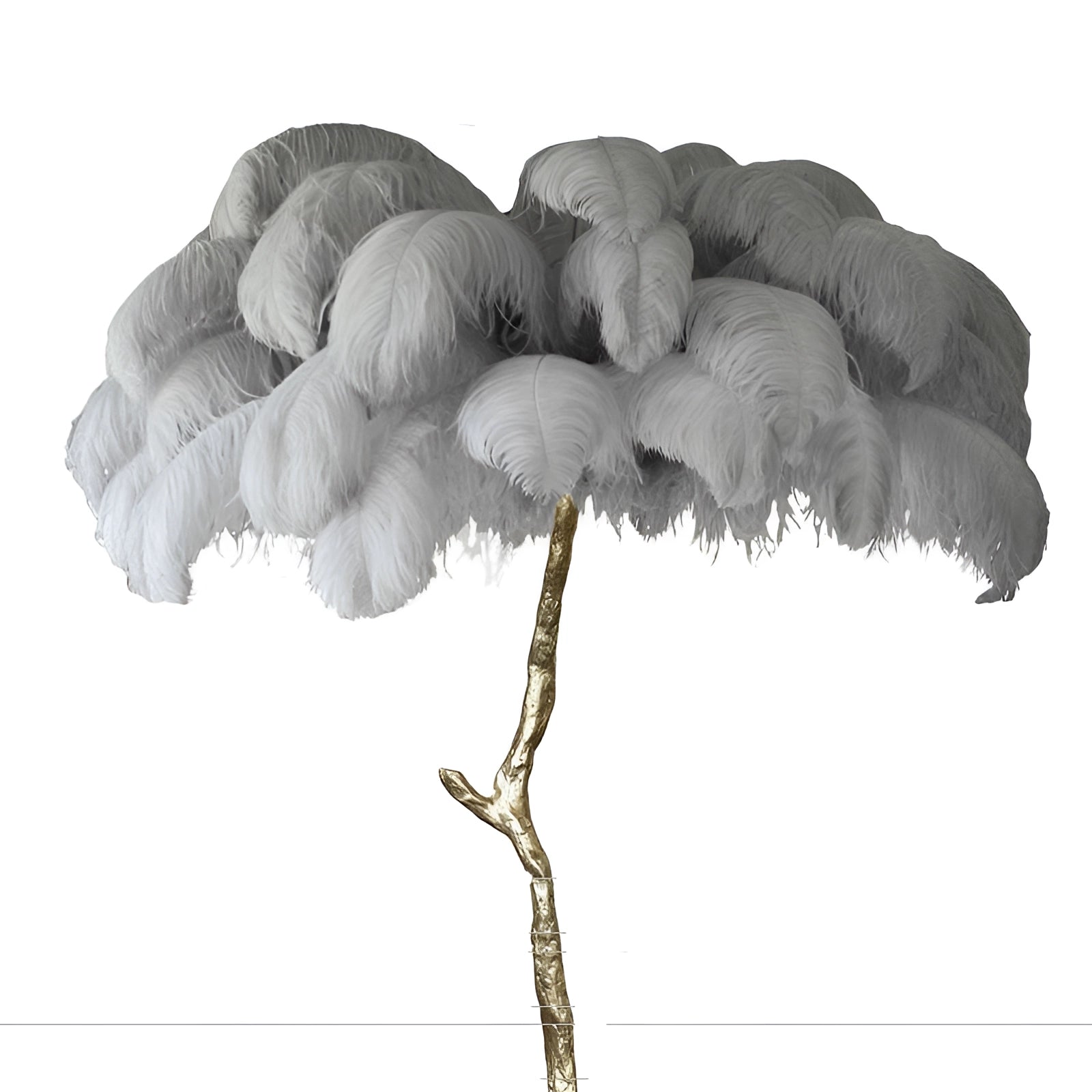 Luxury feather table lamp with a unique tree base, featuring elegant feather shade resembling a parachute, and an artistic tree trunk design, suitable for modern bedrooms, blending with nature-inspired decor.
