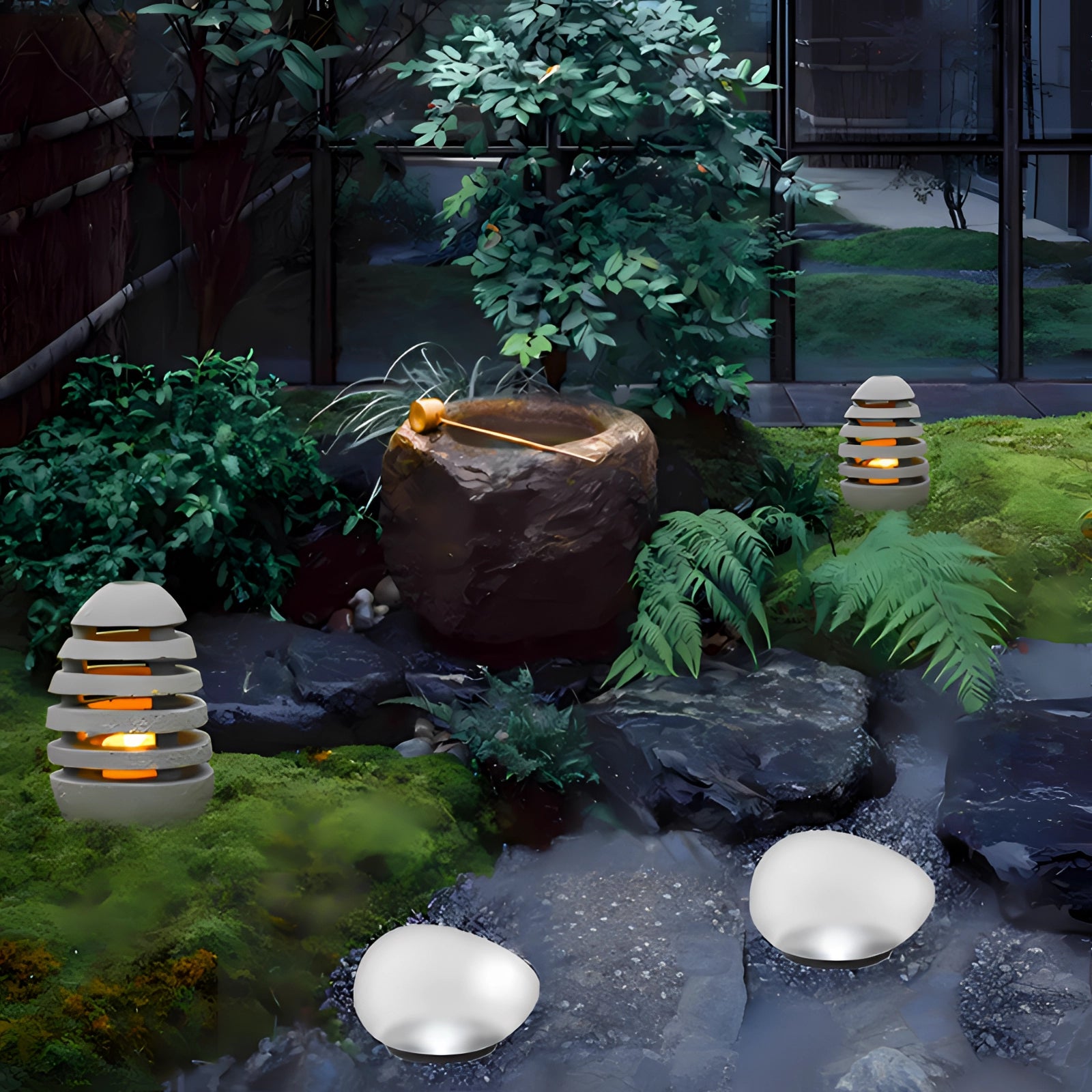 Luxury floating pool lights in a modern outdoor setting surrounded by lush greenery and plants.