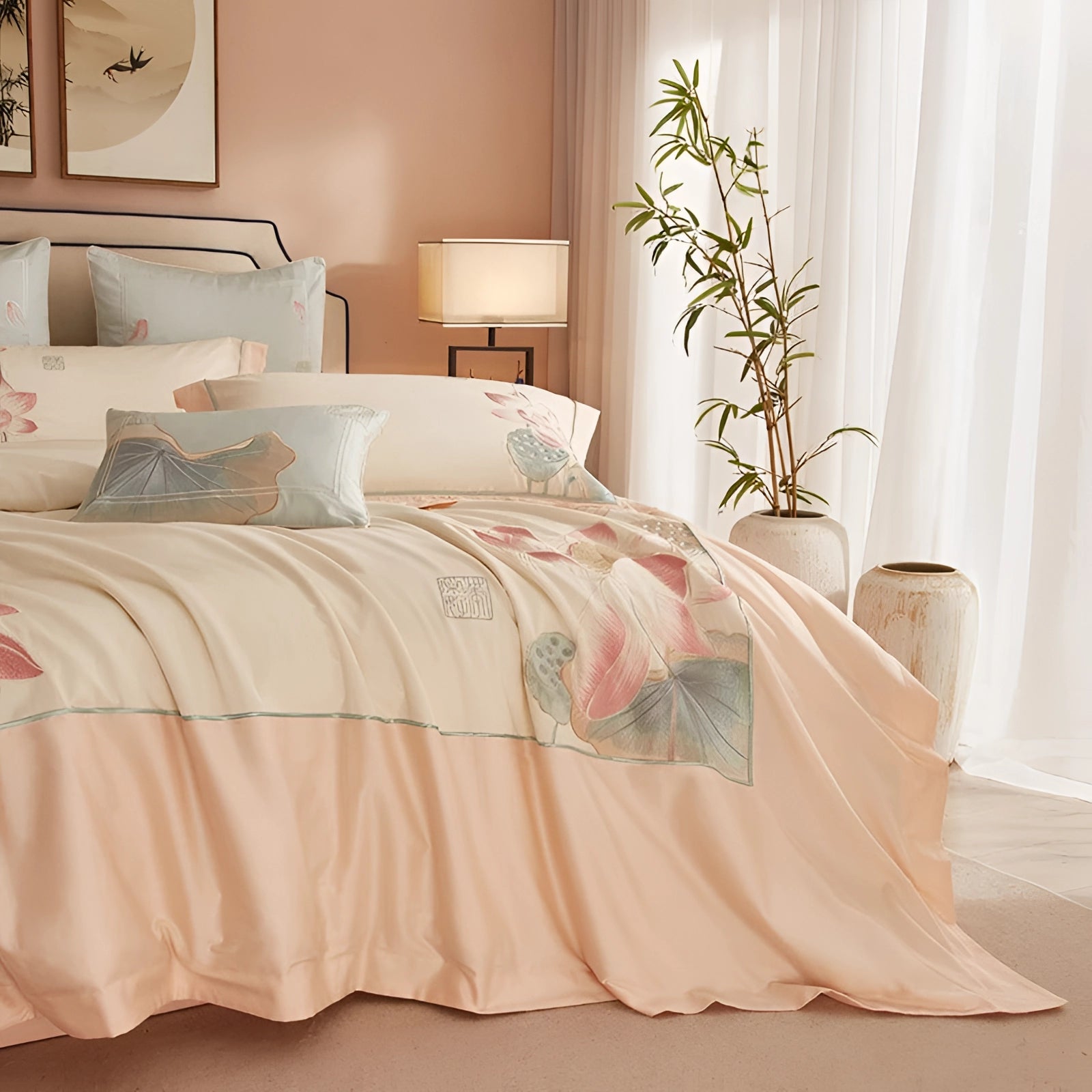 Luxury floral bedding set featuring a peach botanical duvet cover and matching pillow set displayed on a wooden bed frame in a stylish, comfortable bedroom interior.